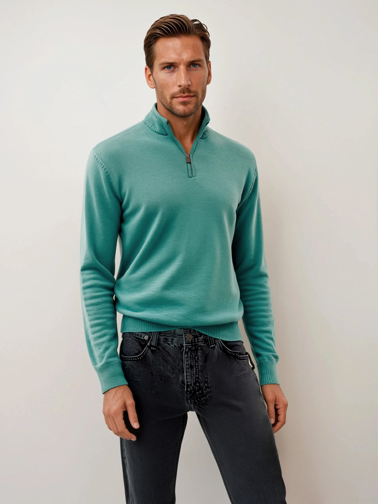 Ansett Jade Green Half Zip Cashmere Merino Wool Jumper