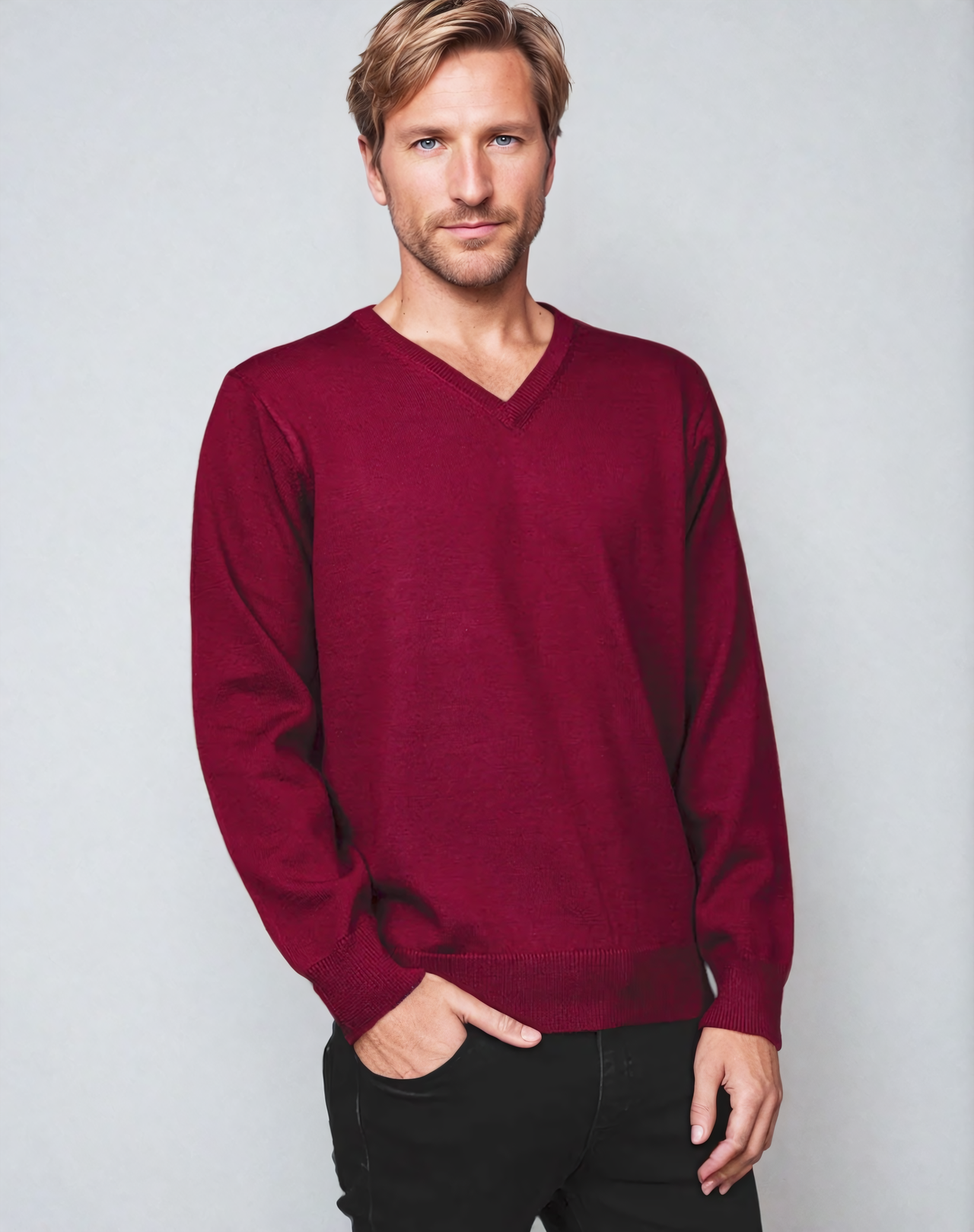 Ansett Wool Burgundy Machine Washable V Neck Jumper