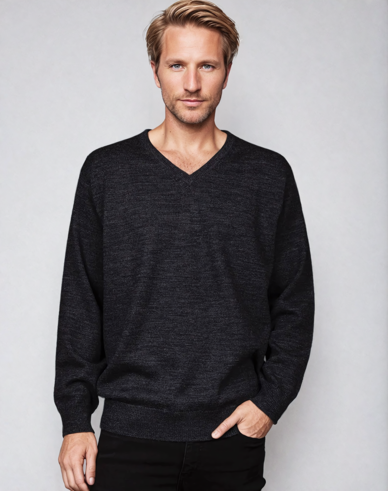 Ansett Wool Charcoal Grey Machine Washable V Neck Jumper