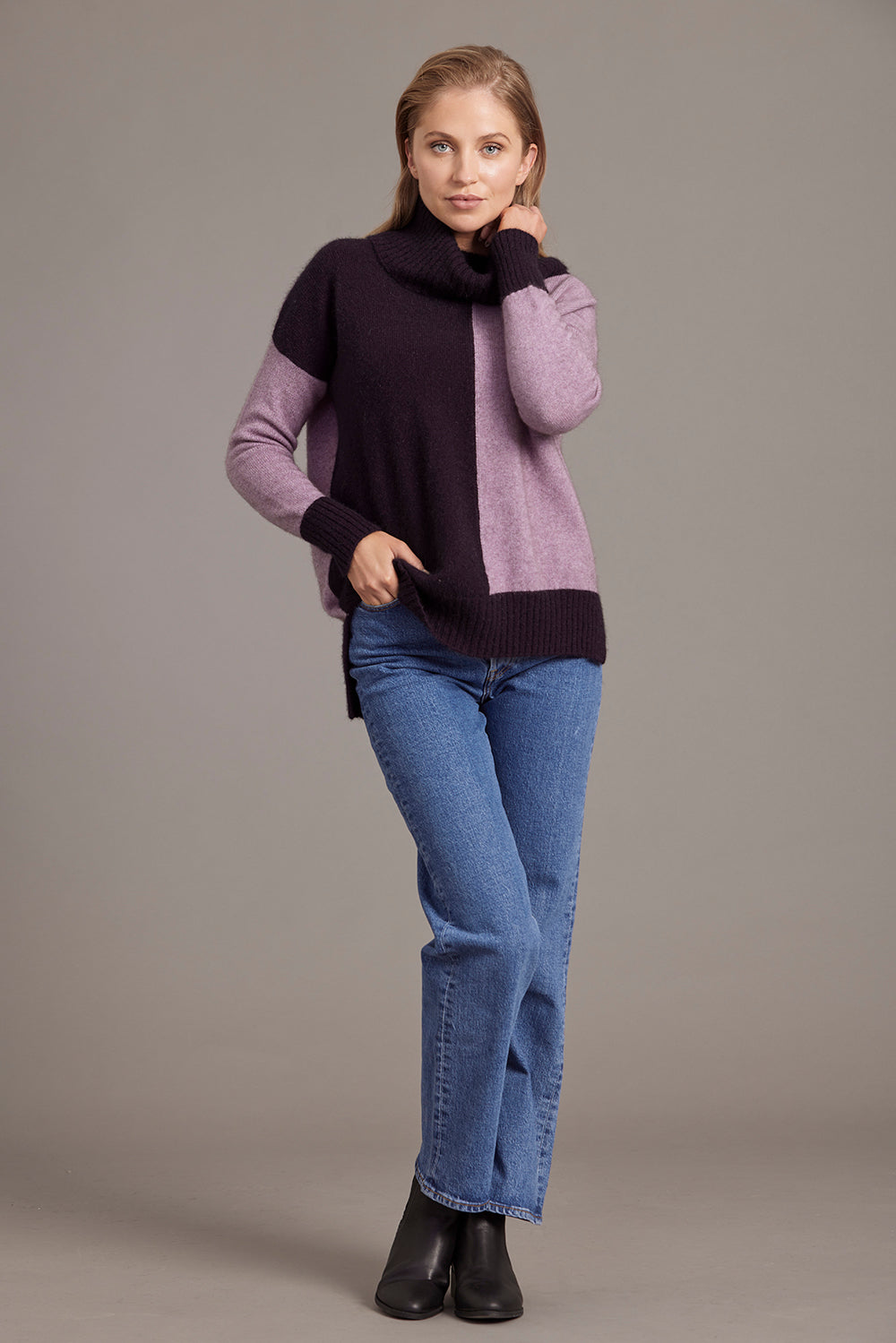 Plum/Lilac Possum Merino Two Tone Funnel Neck Jumper