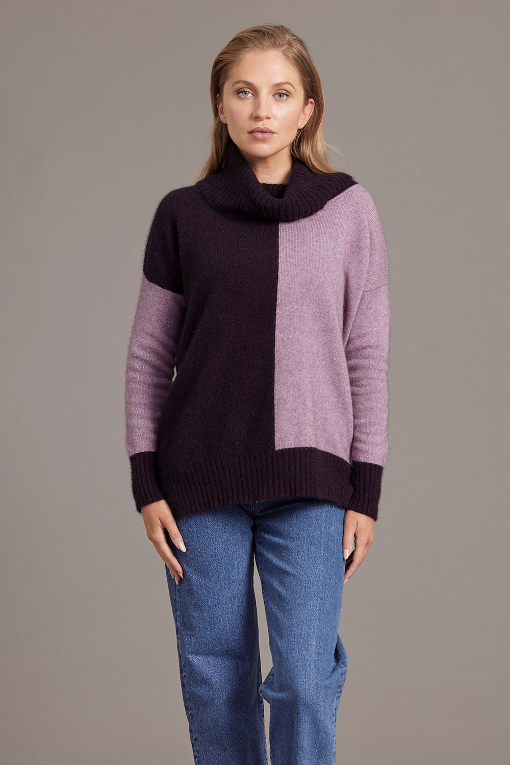 Plum/Lilac Possum Merino Two Tone Funnel Neck Jumper