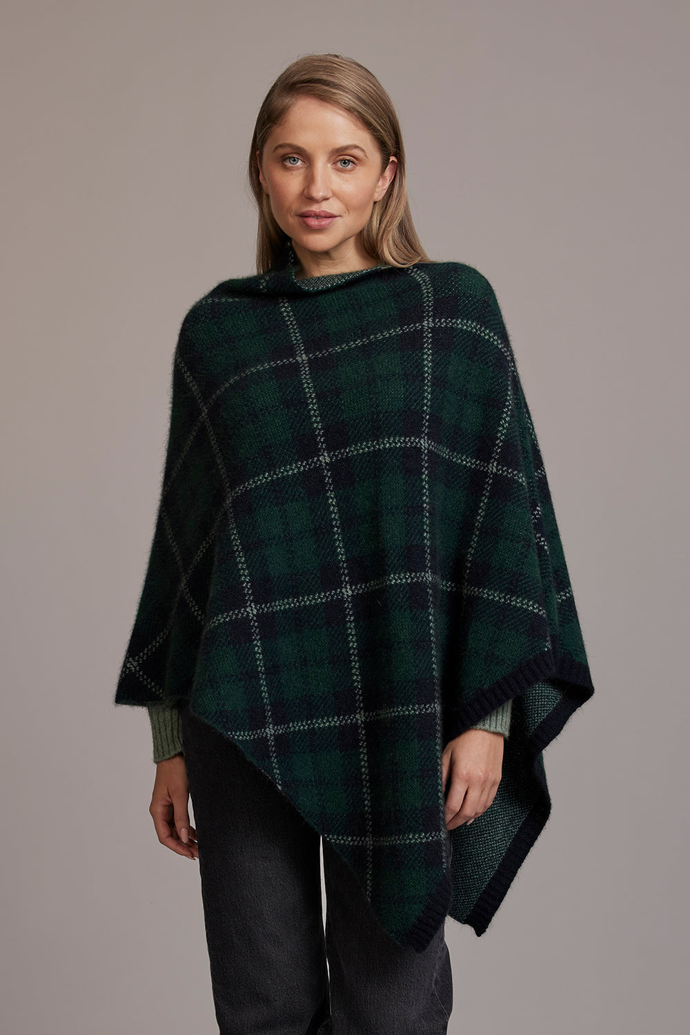 Jade Green Possum Merino Tartan Poncho