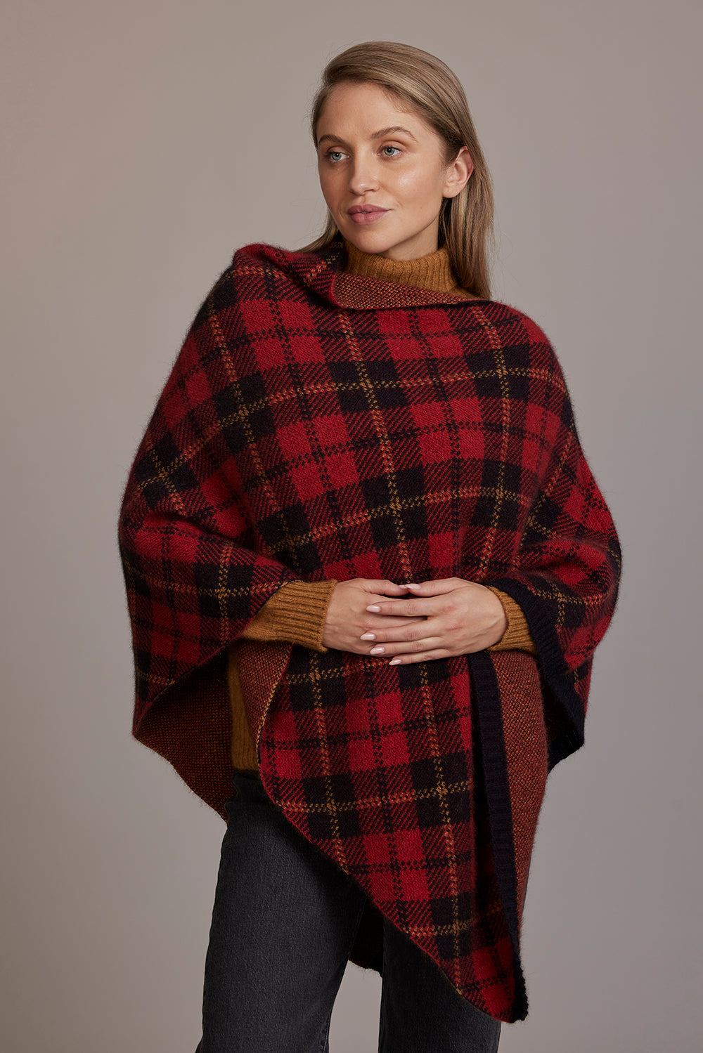 Poppy Red Possum Merino Tartan Poncho