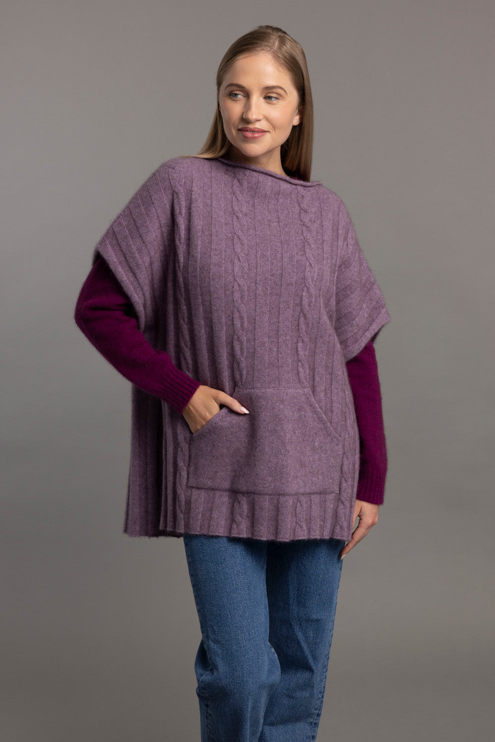 Lilac - Possum Merino Cable Knit Poncho