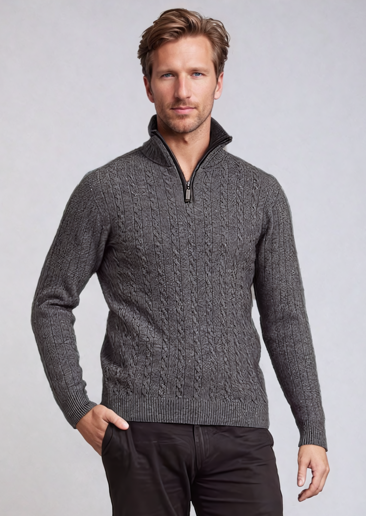 Pewter Possum Merino Half Zip Cable Jumper