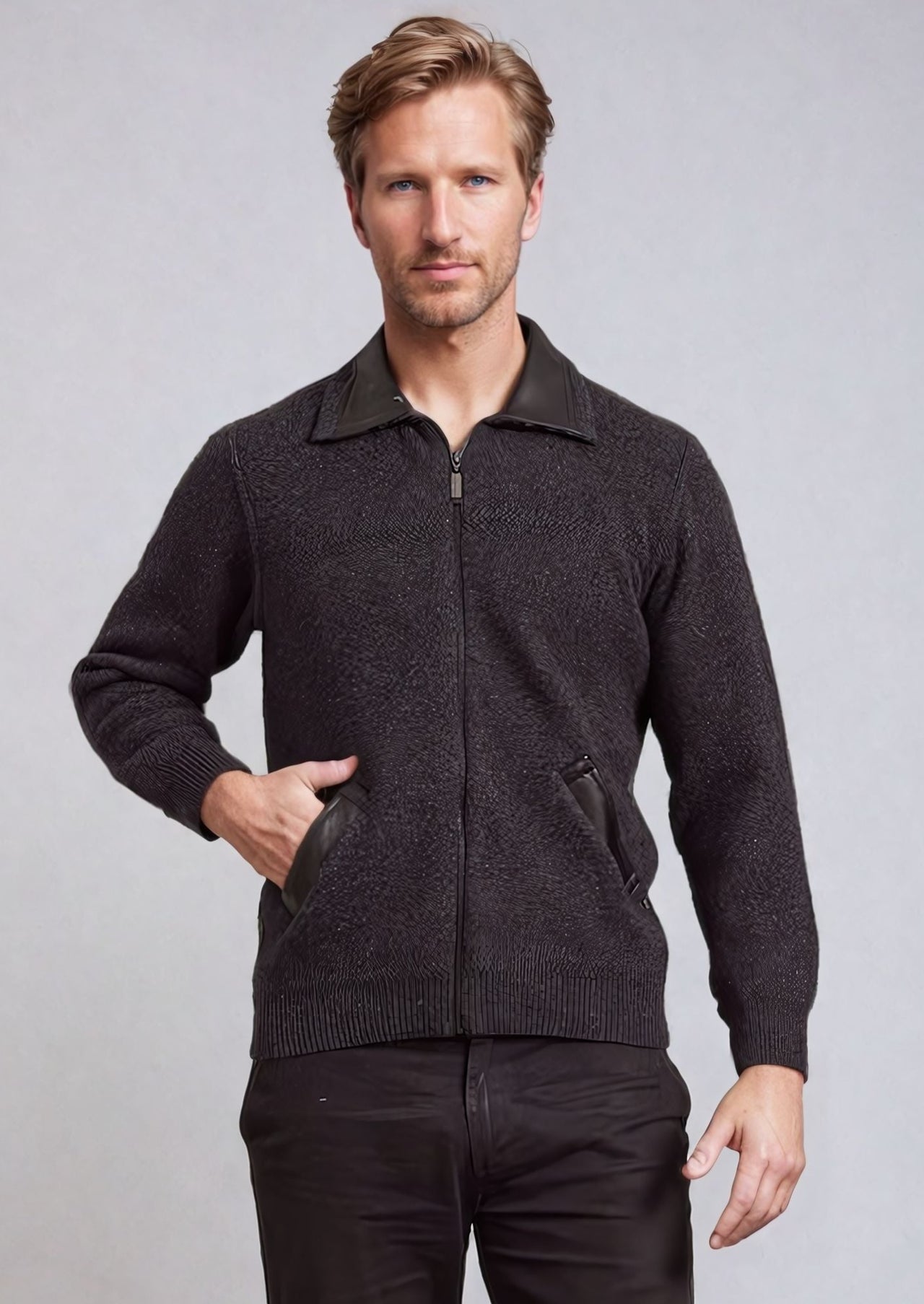 Charcoal McDonald Possum Merino Zip Jacket With Leather Trim