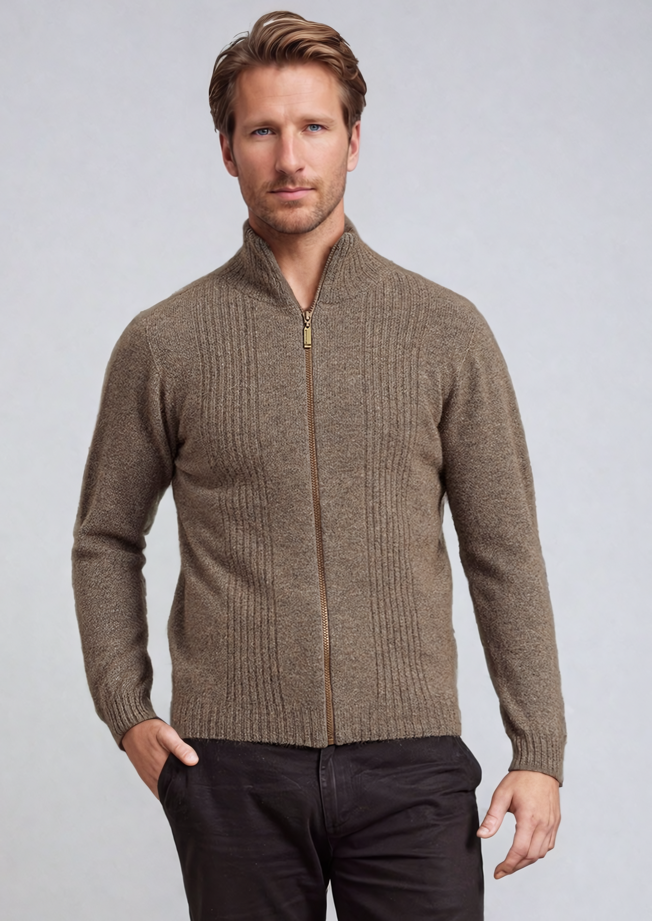 Bark Brown Possum Merino Rib Front Zip Jacket