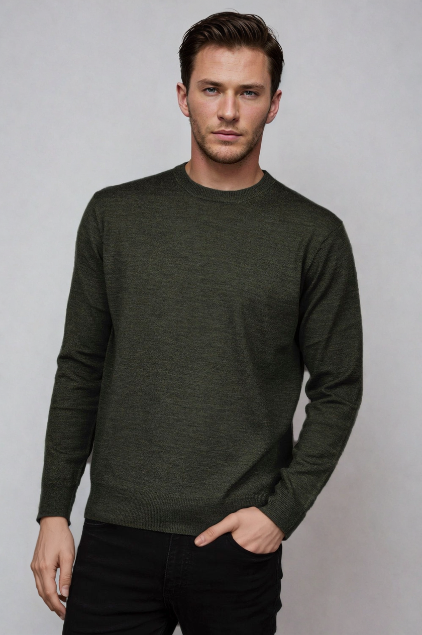 Olive Green Fine Weight Merino Wool Crew Neck