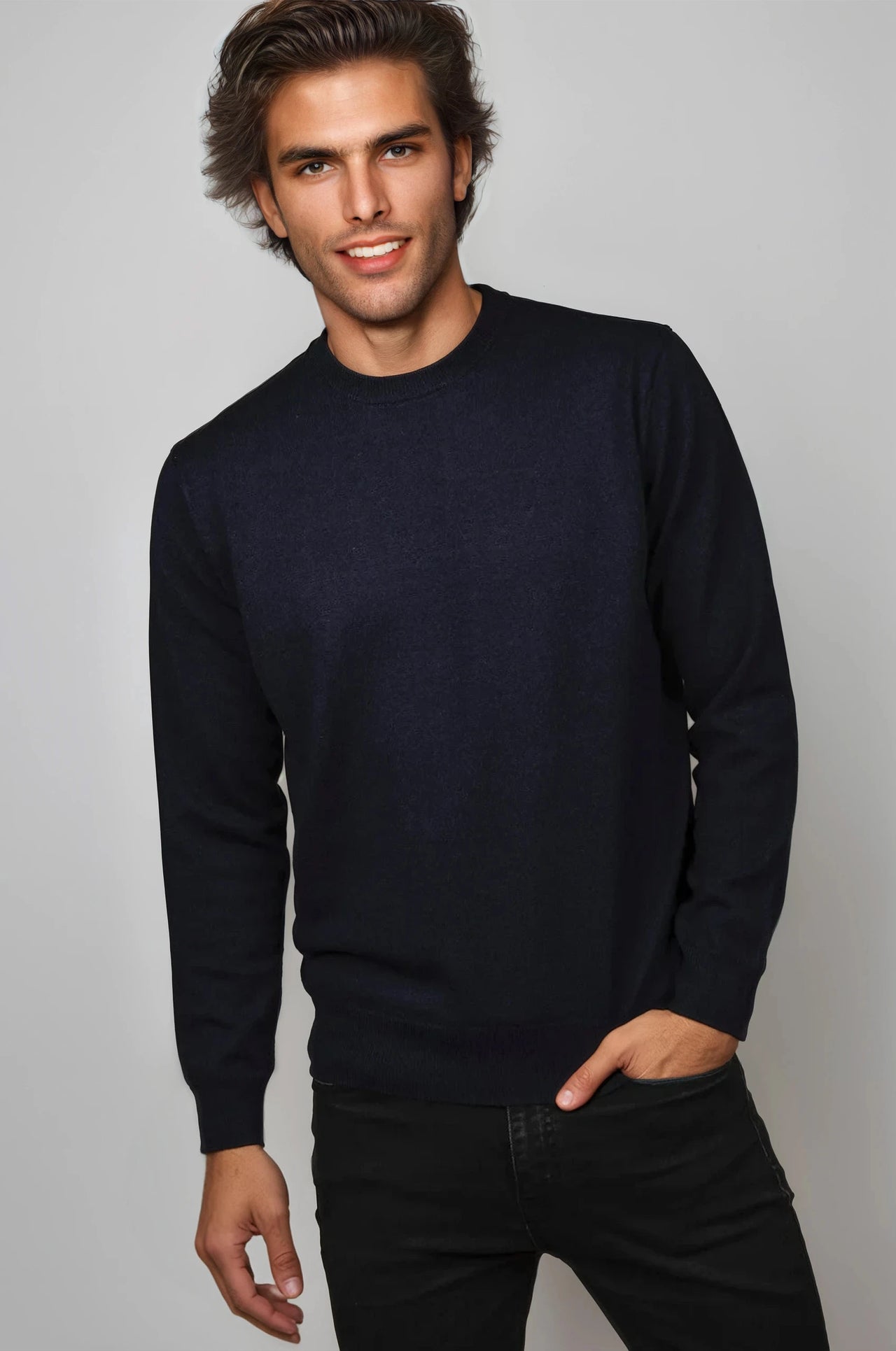 Navy Blue Fine Weight Merino Wool Crew Neck