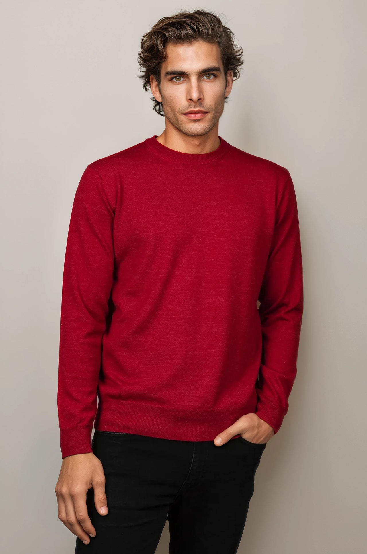 Red Fine Weight Merino Wool Crew Neck