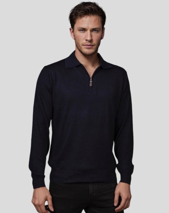 Ansett Navy Blue Half Zip Fine Merino Wool Jumper