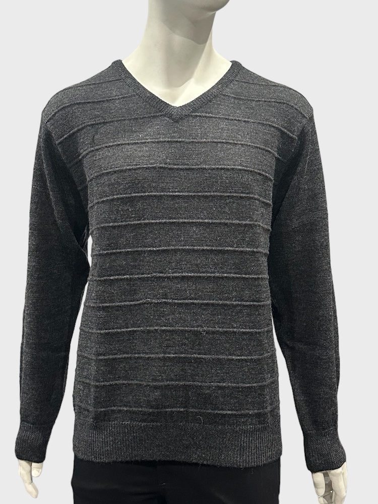 Pure Wool Ansett Patterned V Neck Jumper 8053 Charcoal Grey