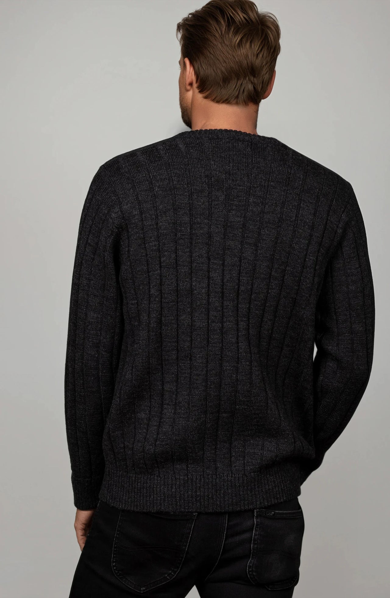 Ansett Charcoal Grey Cable Crew Neck Wool Jumper