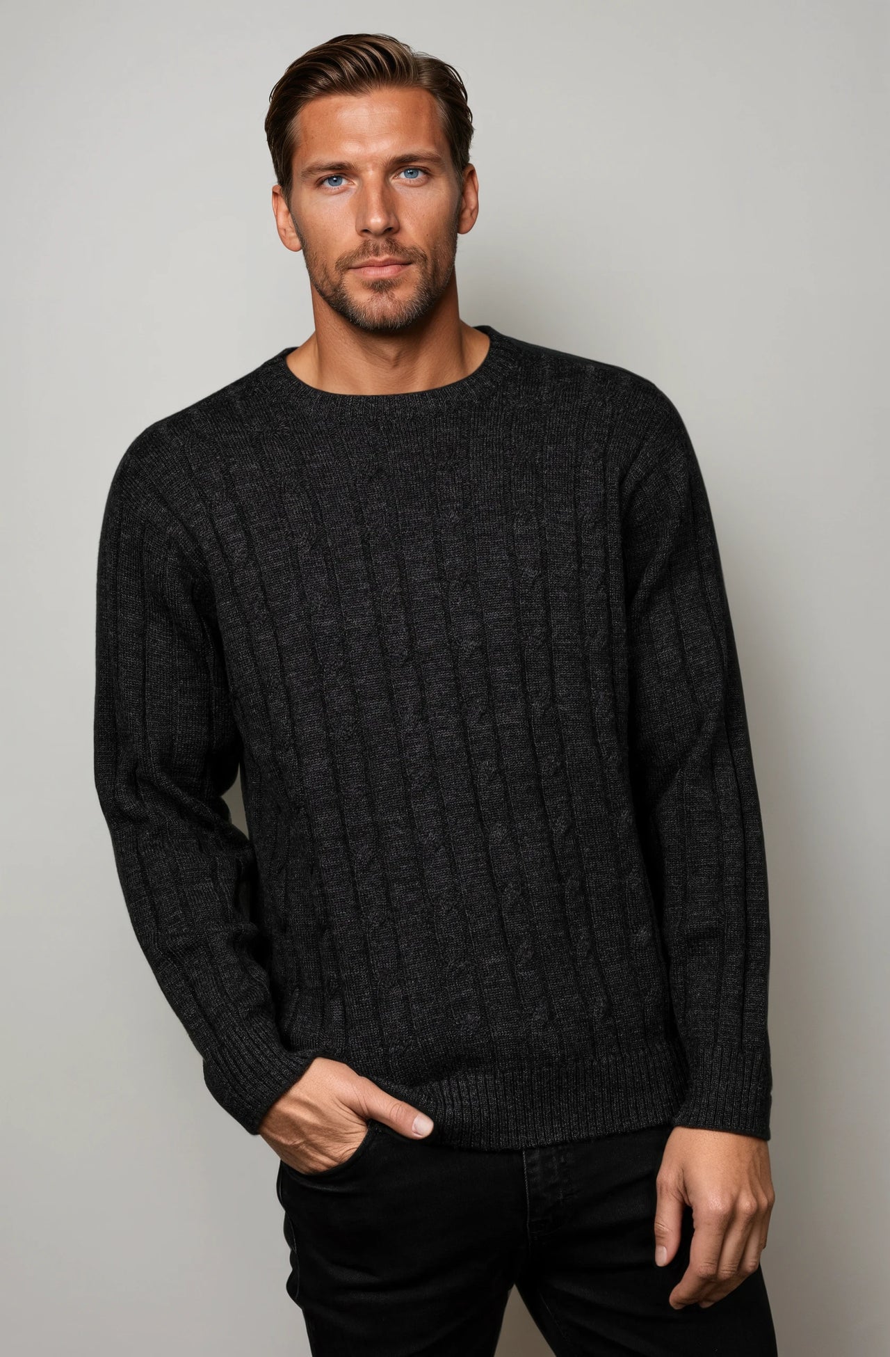 Ansett Charcoal Grey Cable Crew Neck Wool Jumper