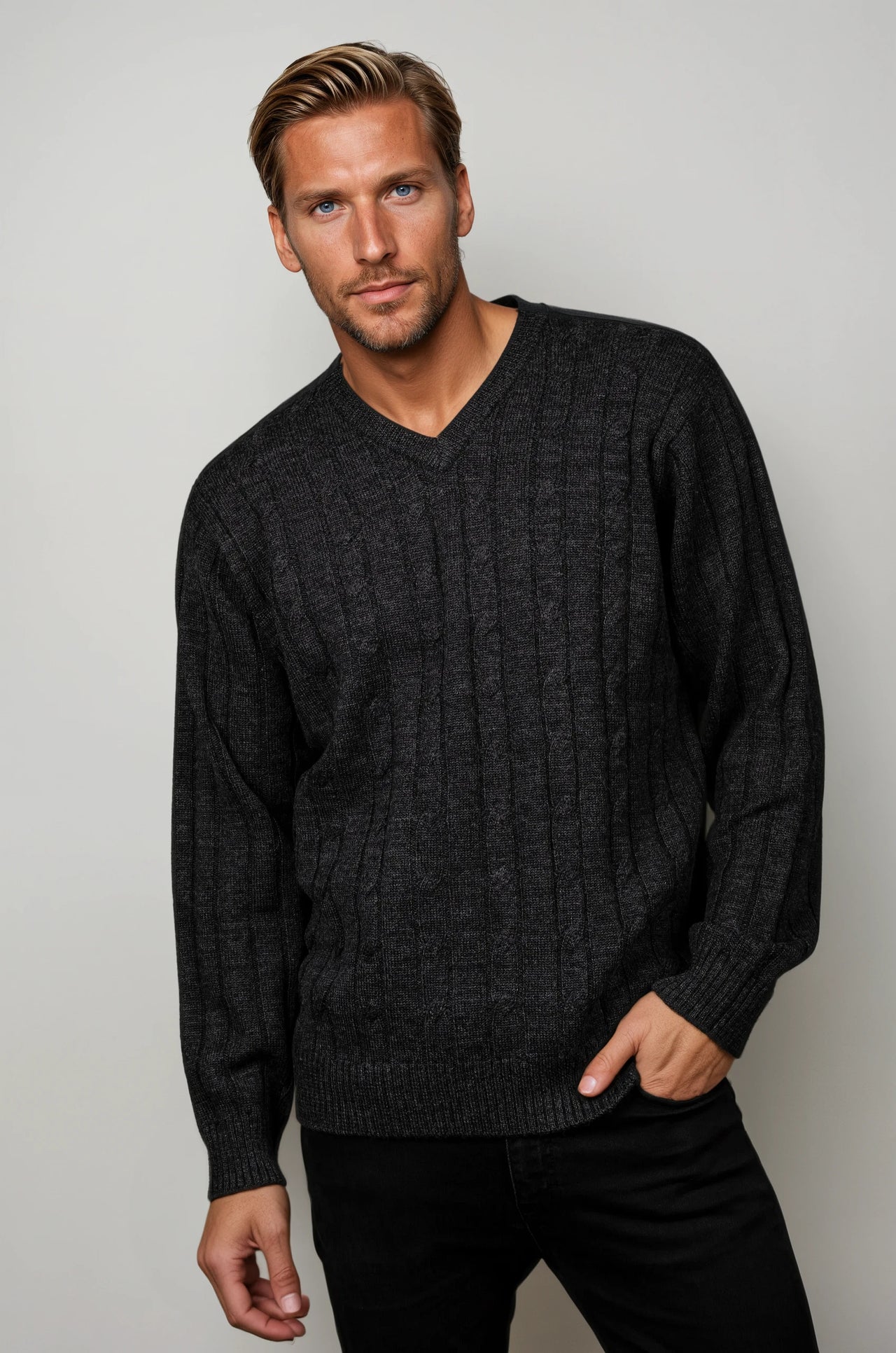 Ansett Charcoal Grey Cable V Neck Wool Jumper