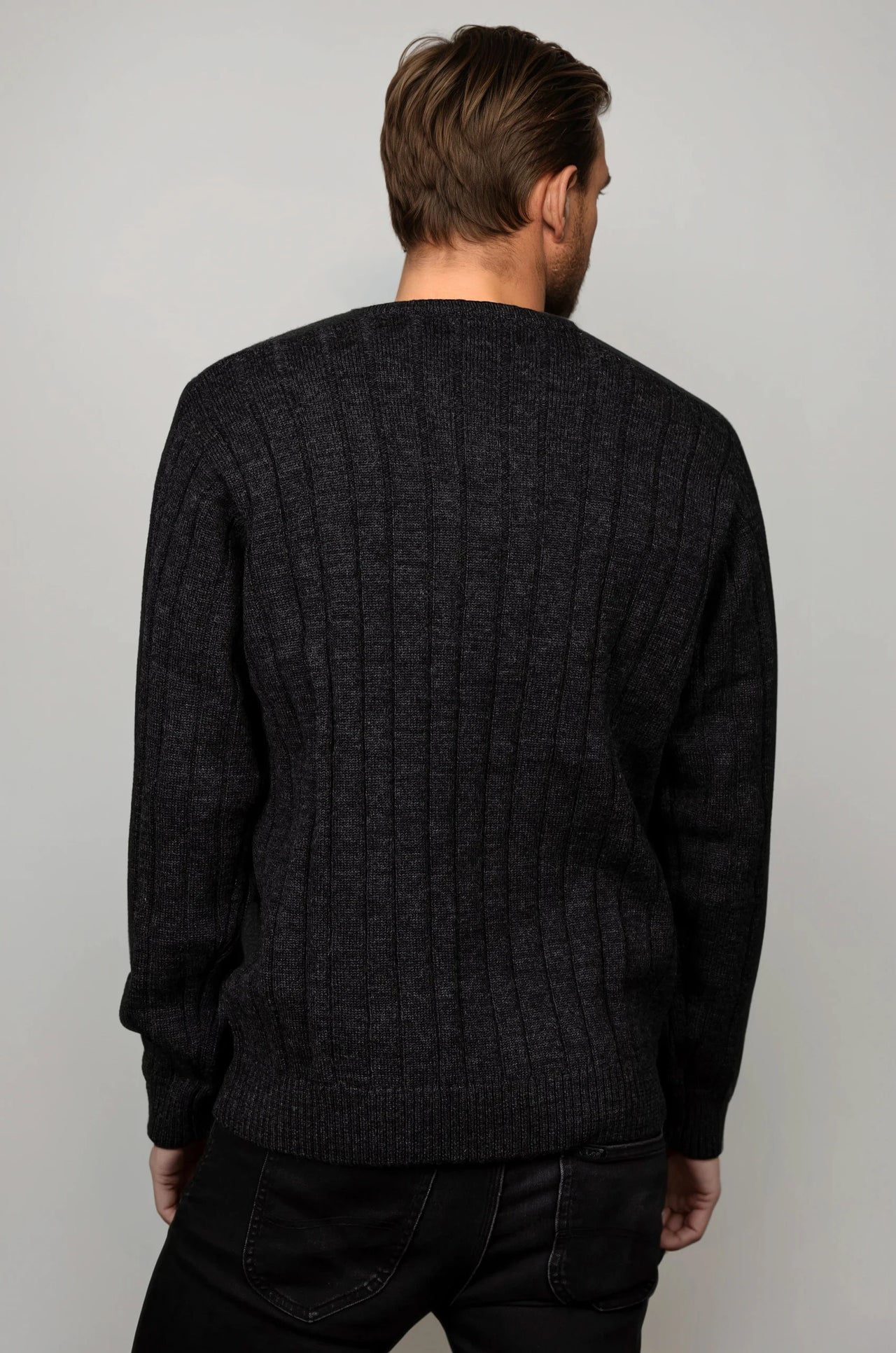 Ansett Charcoal Grey Cable V Neck Wool Jumper