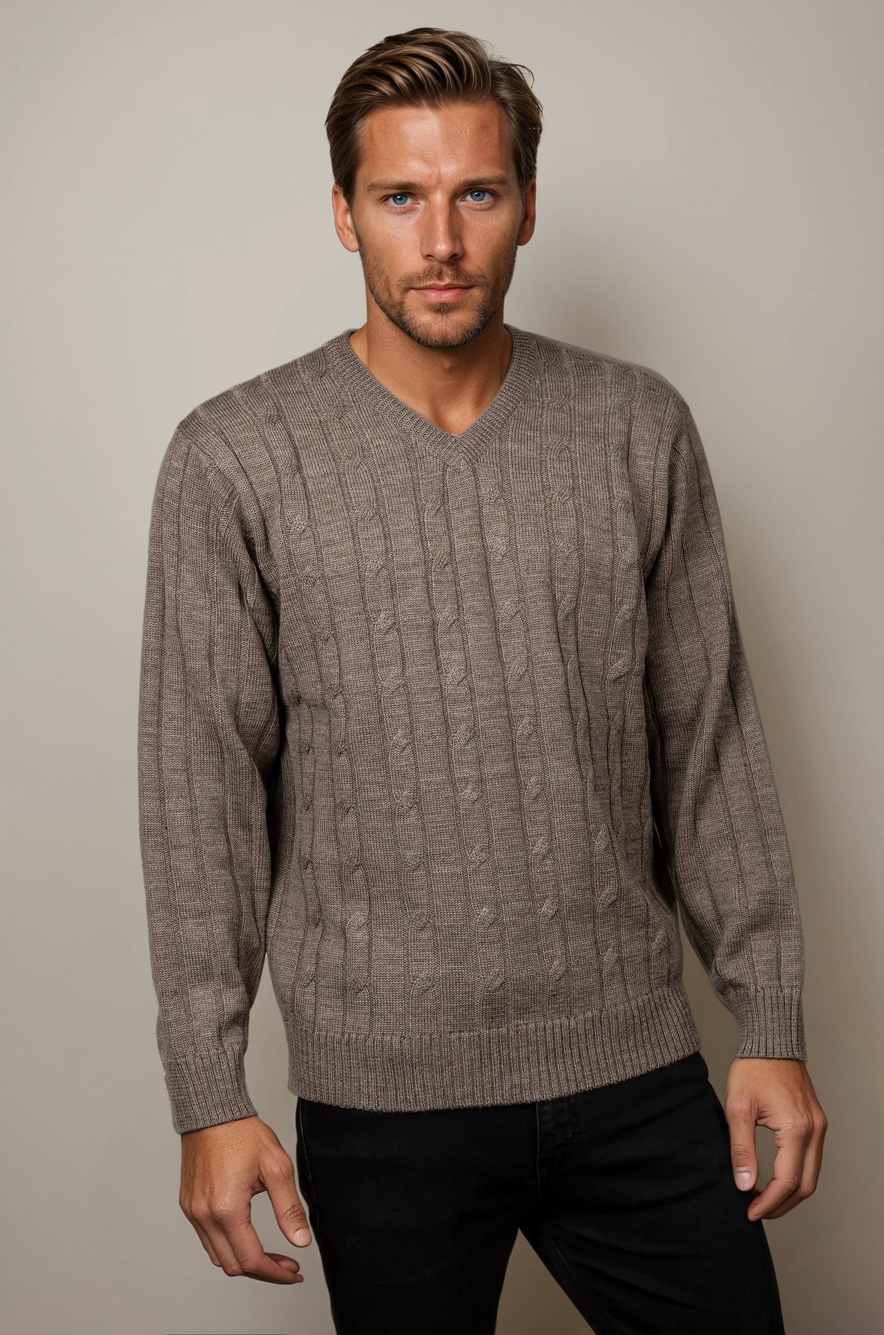 Ansett Sable Cable V Neck Wool Jumper