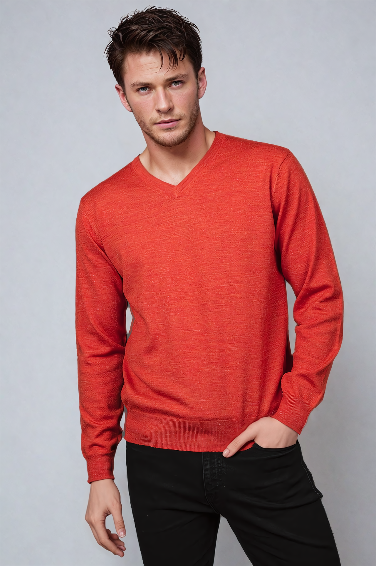 Amber Orange Fine Weight Merino Wool V Neck Jumper