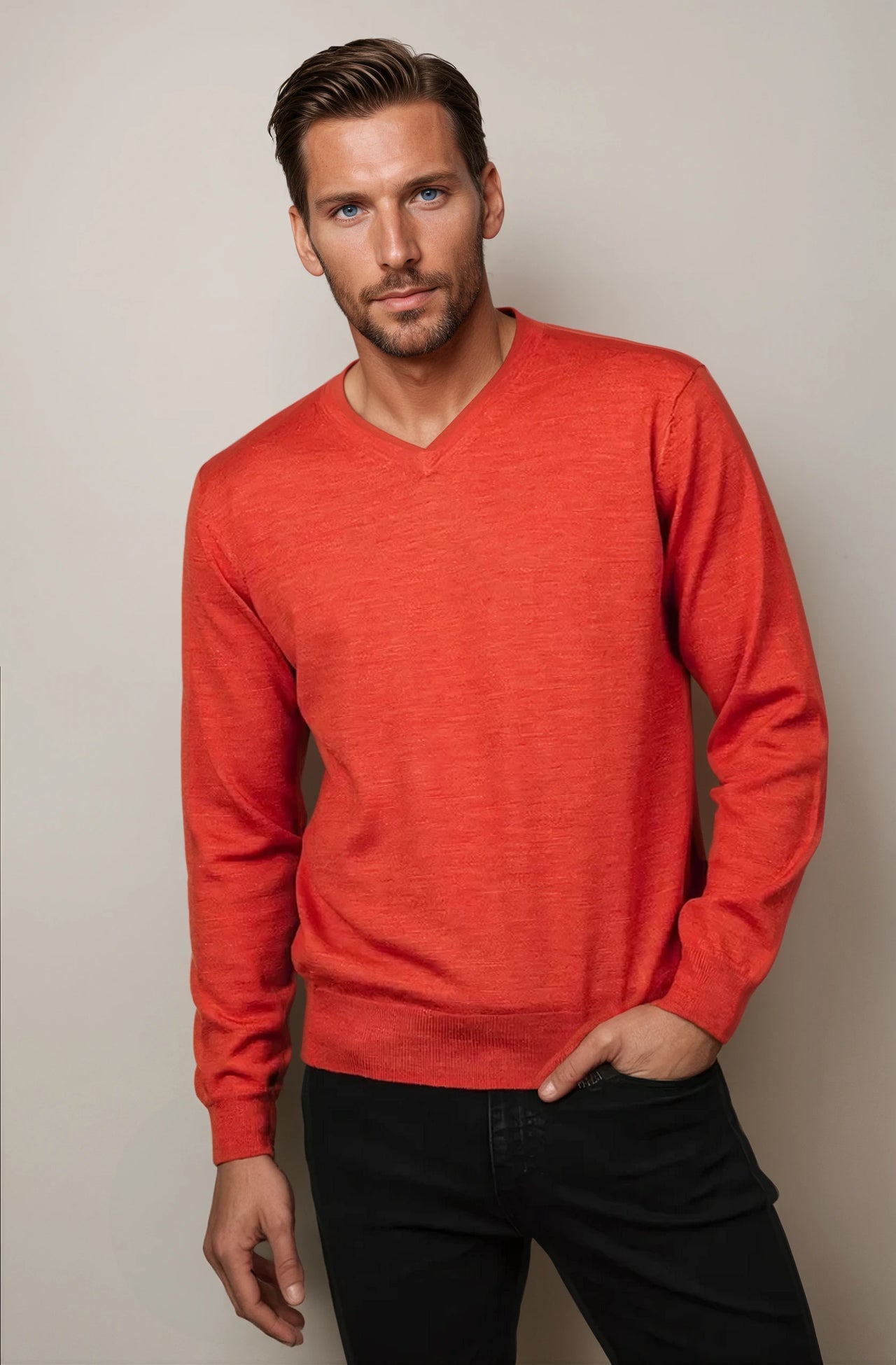 Amber Orange Fine Weight Merino Wool V Neck Jumper