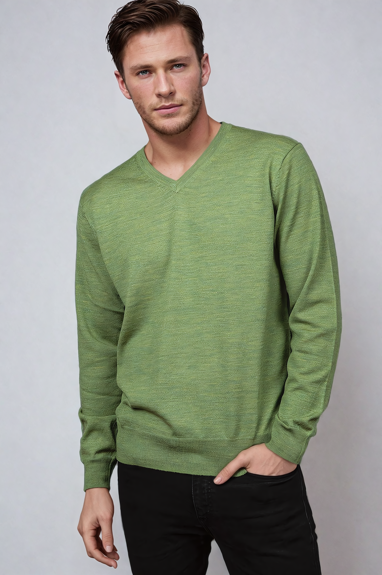 Ansett Apple Green Fine Weight Merino Wool V Neck Jumper