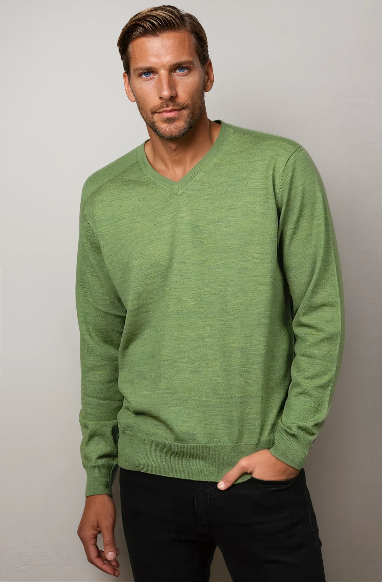 Ansett Apple Green Fine Weight Merino Wool V Neck Jumper