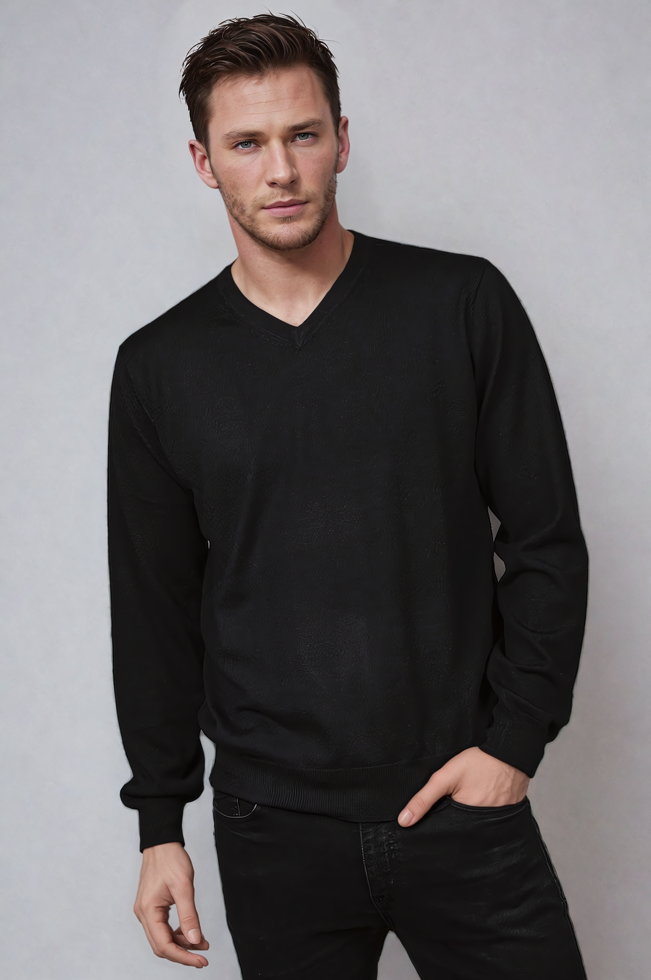 Ansett Black Fine Weight Merino Wool V Neck Jumper