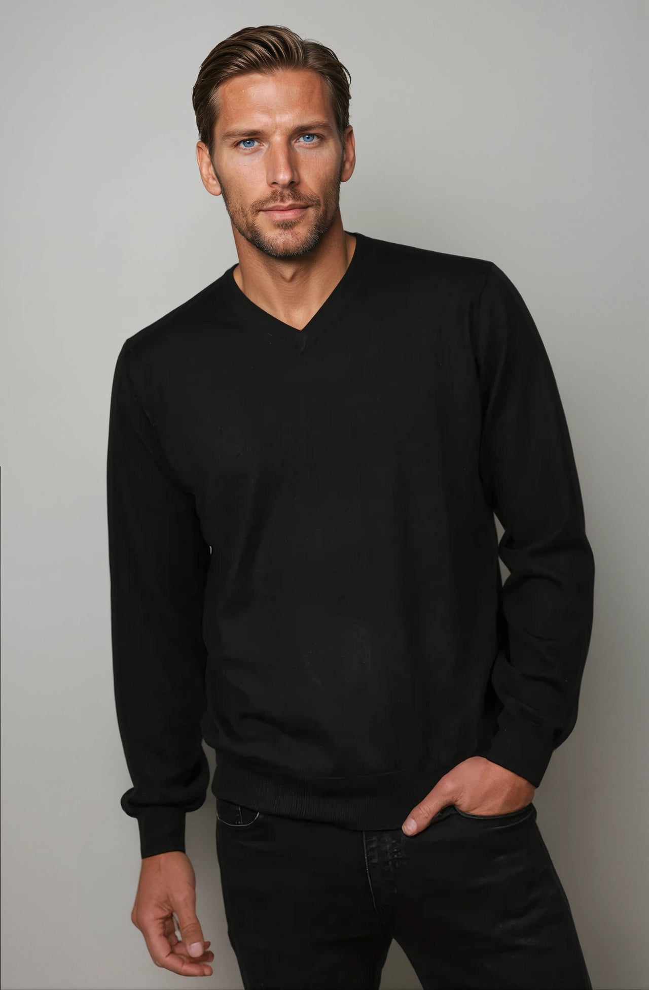 Ansett Black Fine Weight Merino Wool V Neck Jumper