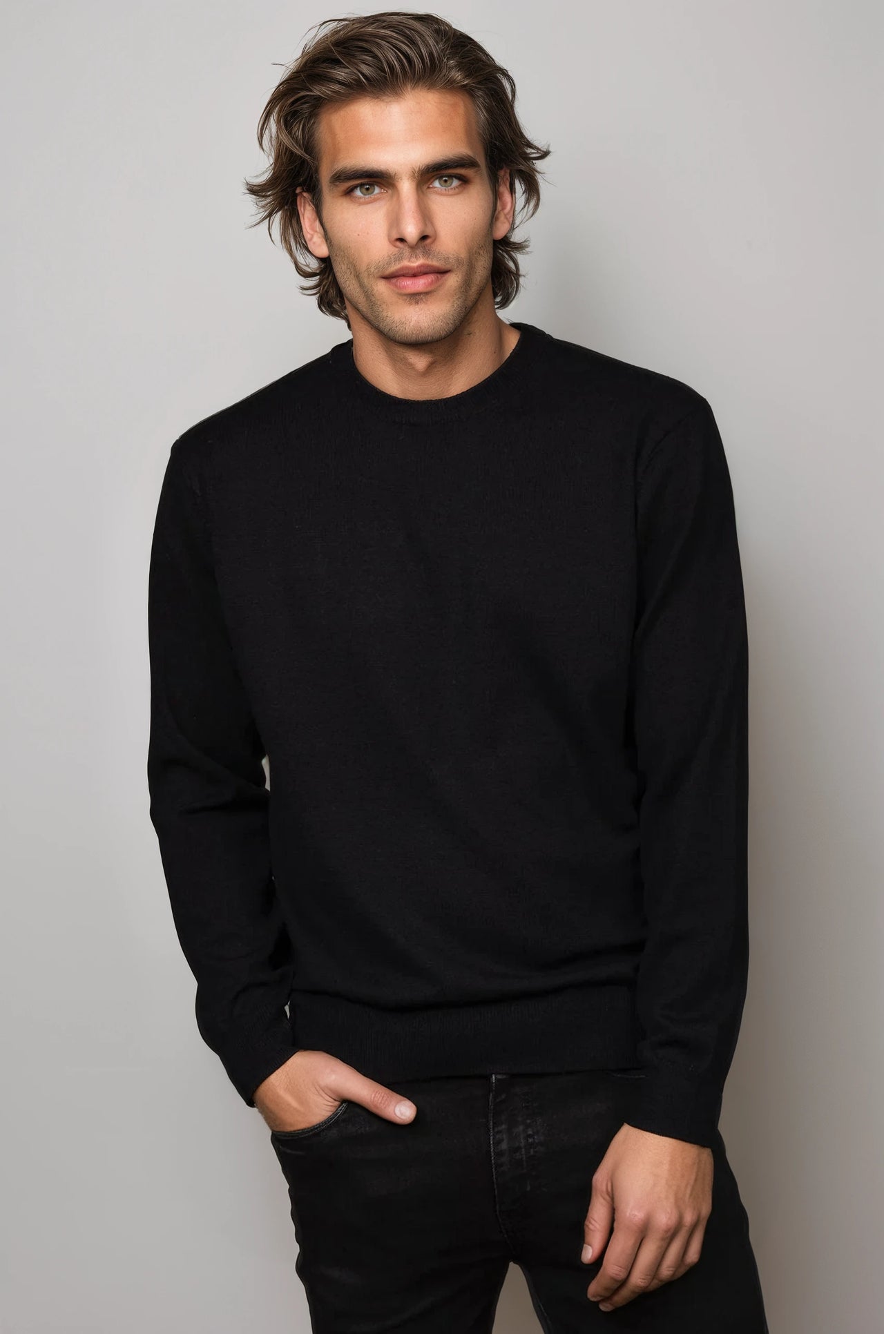 Black Fine Weight Merino Wool Crew Neck