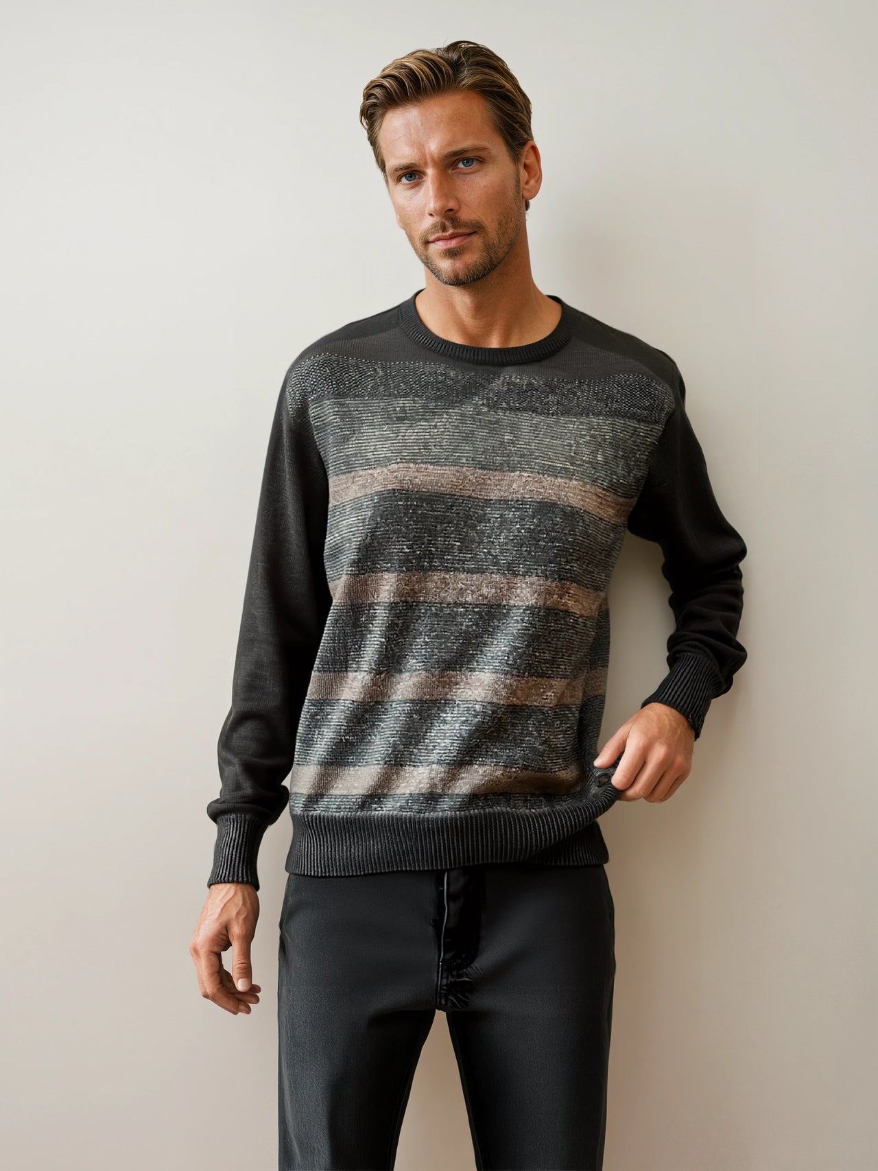 Pure Wool Ansett Patterned Crew Neck Jumper 8032 Black