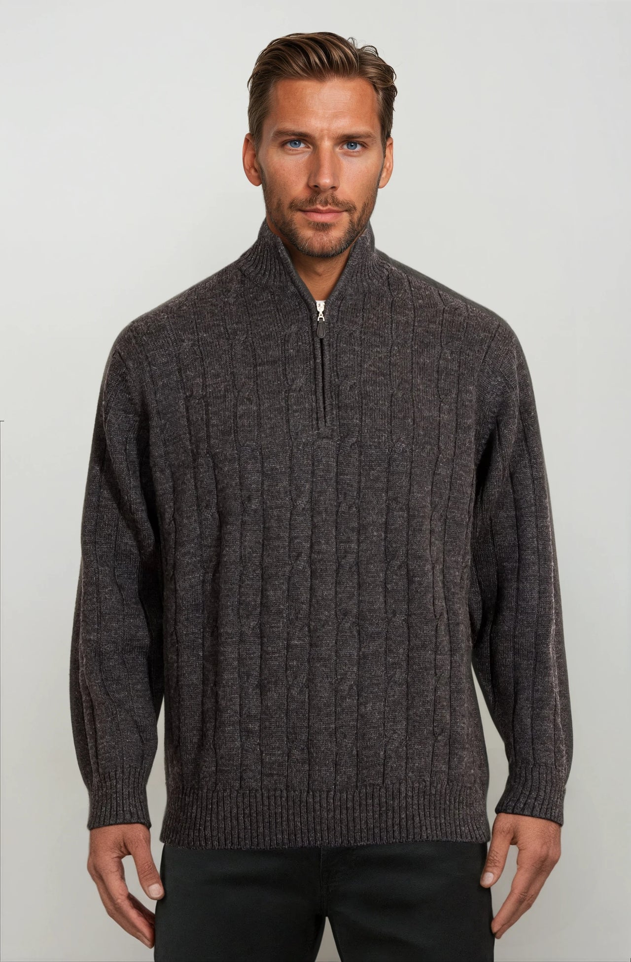 Charcoal Half Zip Cable Jumper Ansett Plain Knitwear