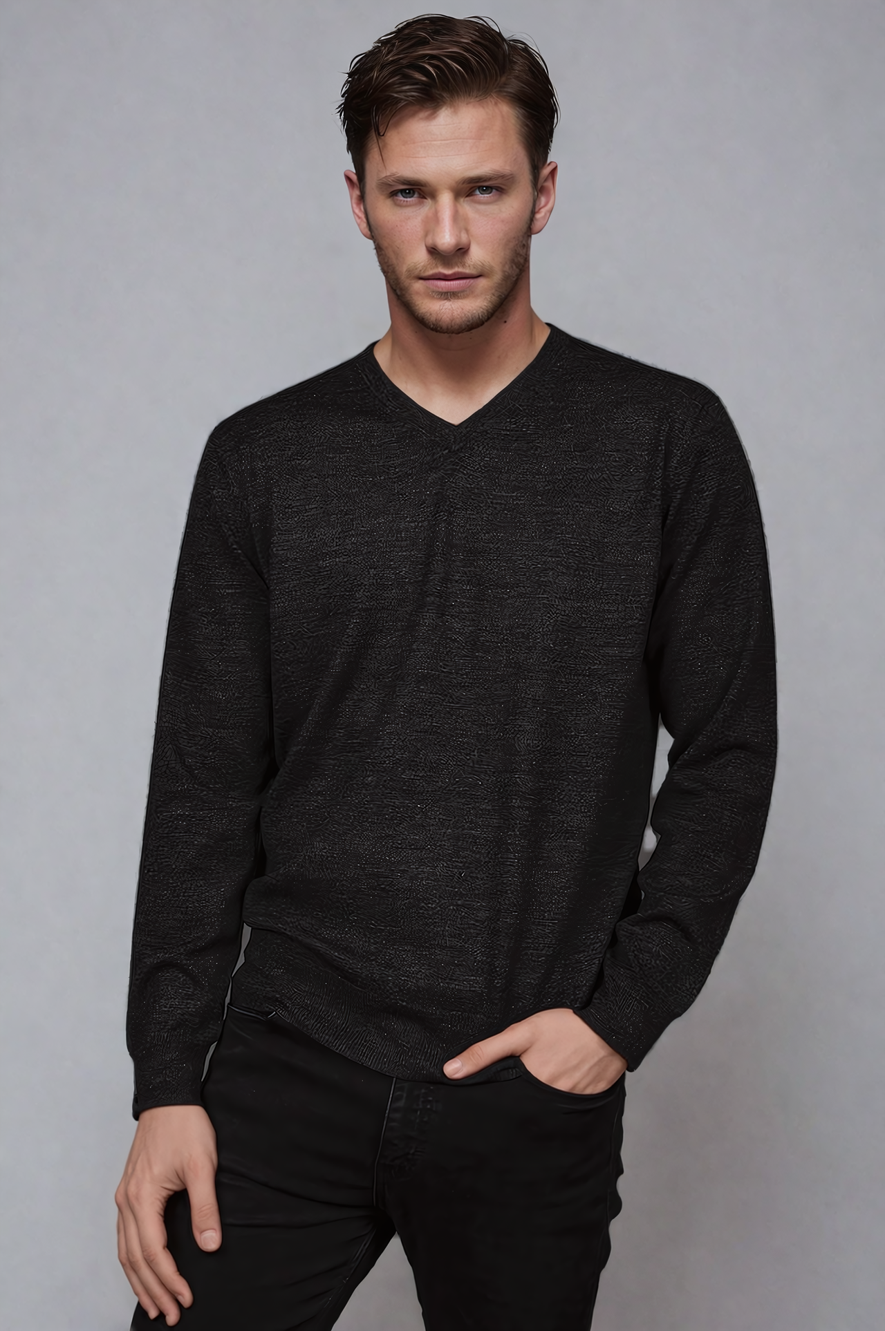 Ansett Charcoal Grey Fine Weight Merino Wool V Neck Jumper