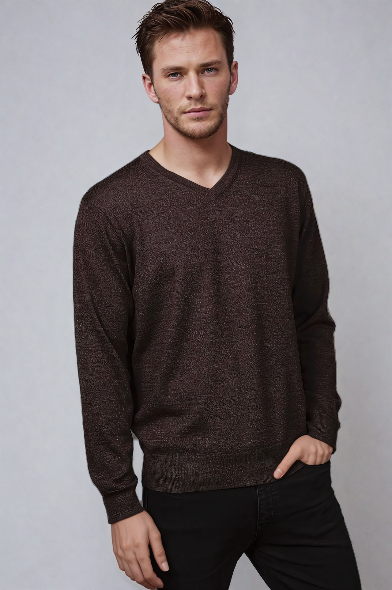 Ansett Timber Brown Fine Weight Merino Wool V Neck Jumper