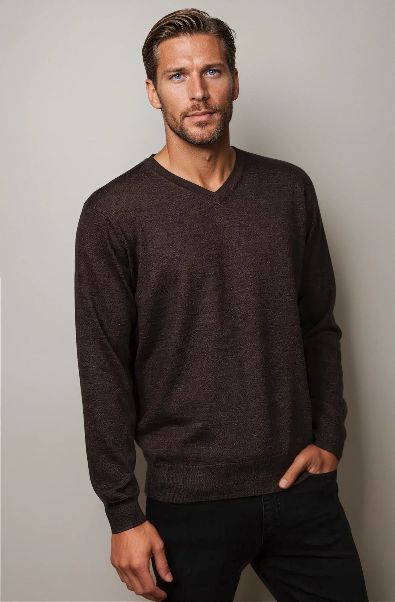 Ansett Timber Brown Fine Weight Merino Wool V Neck Jumper