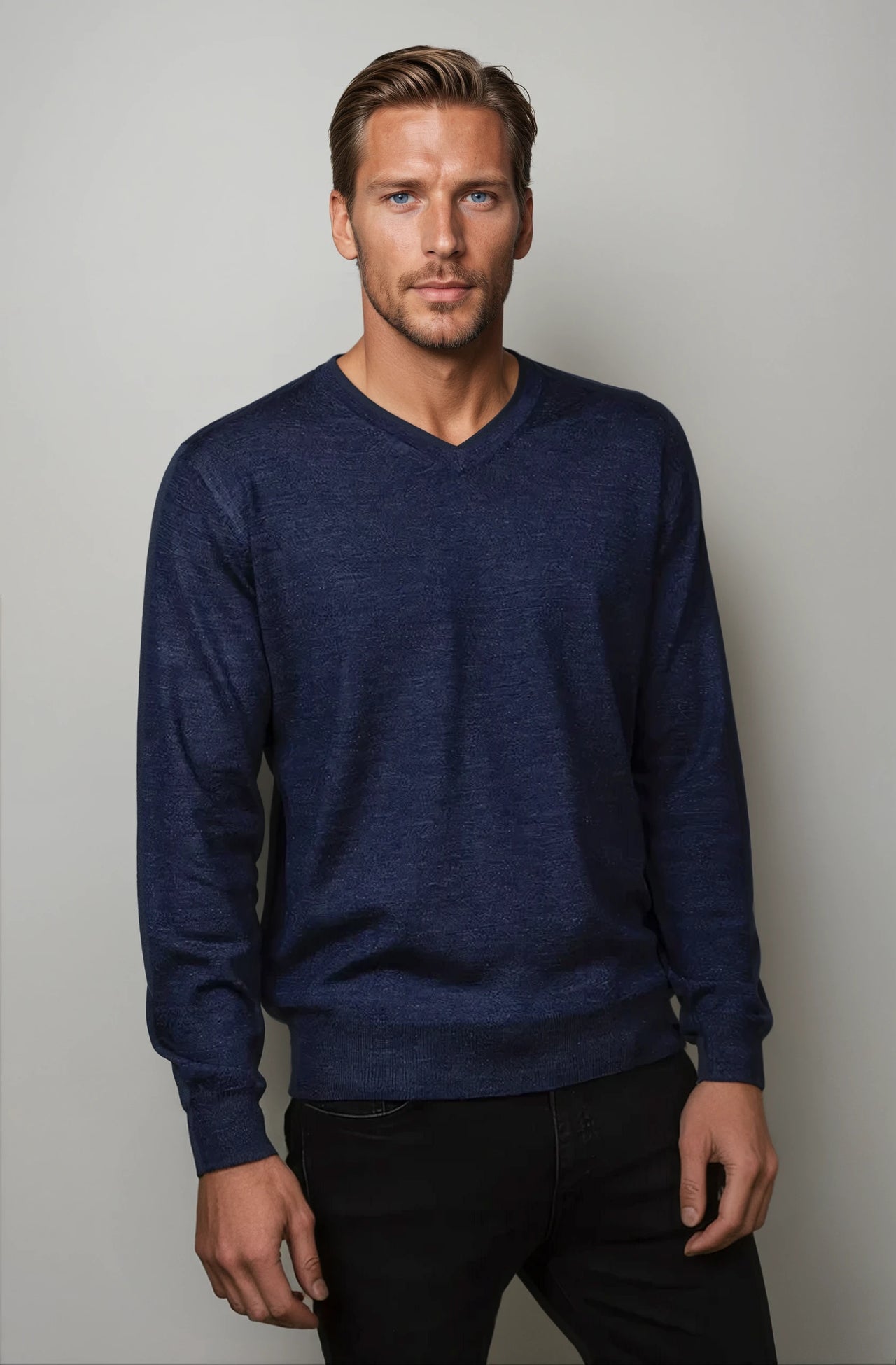 Ansett Denim Blue Fine Weight Merino Wool V Neck Jumper