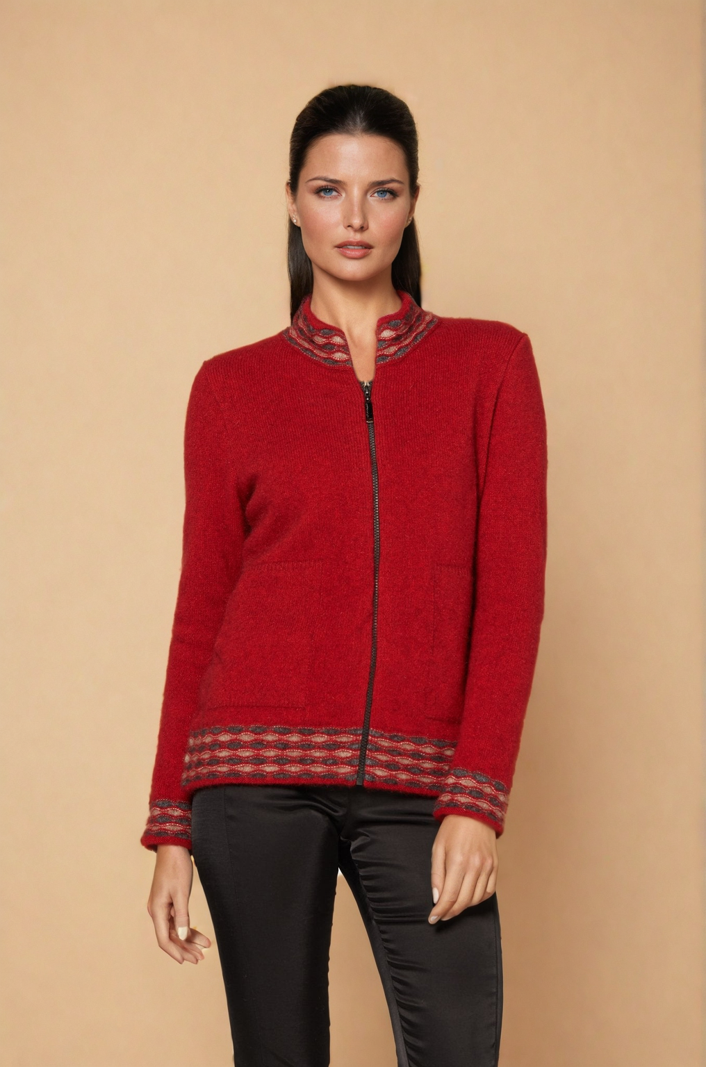 Red Wave Trim Zip Cardigan Possum Merino