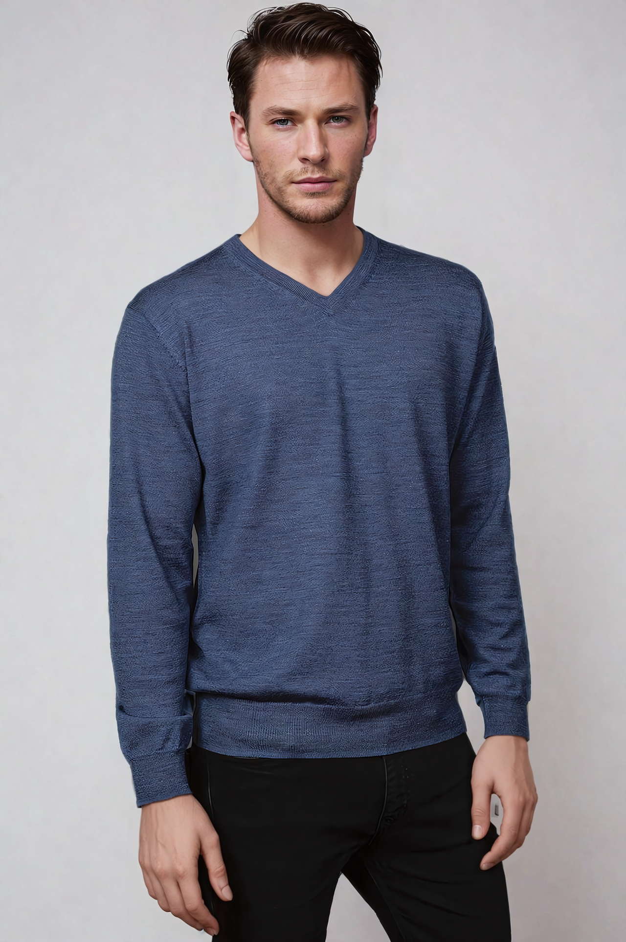 Ansett Blue Fine Weight Merino Wool V Neck Jumper