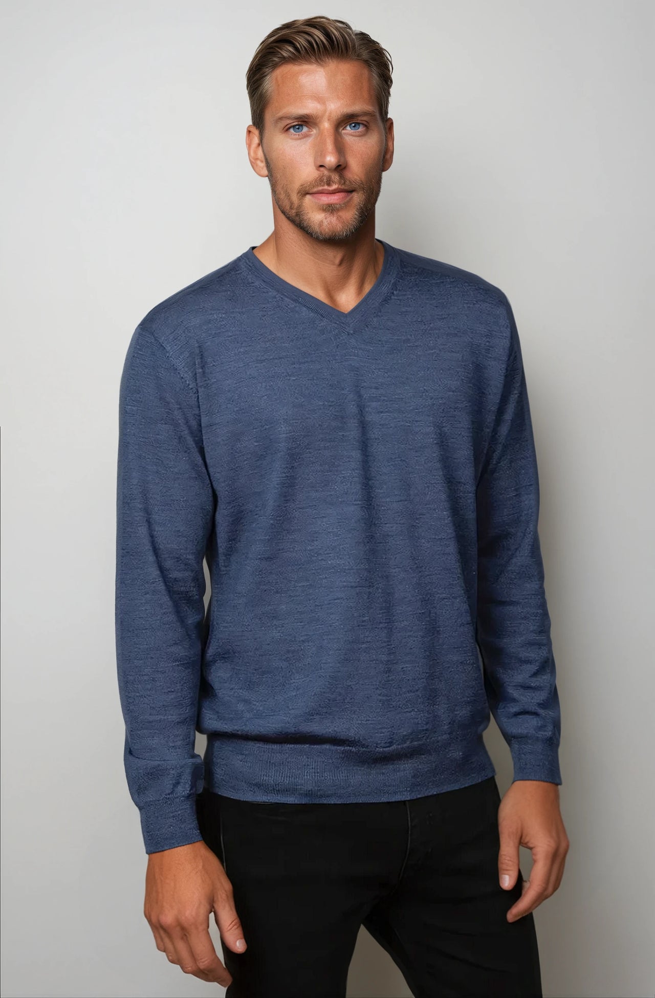 Ansett Blue Fine Weight Merino Wool V Neck Jumper