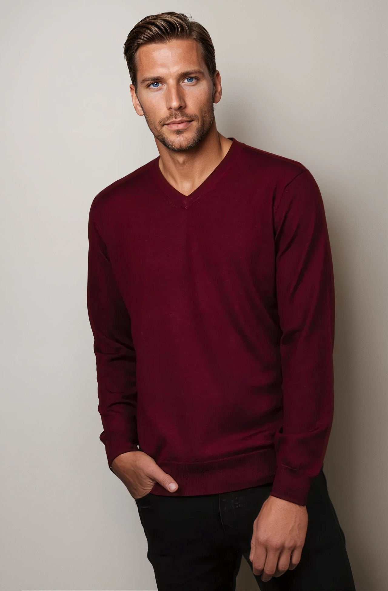 Ansett Maroon Merlot Fine Weight Merino Wool V Neck Jumper