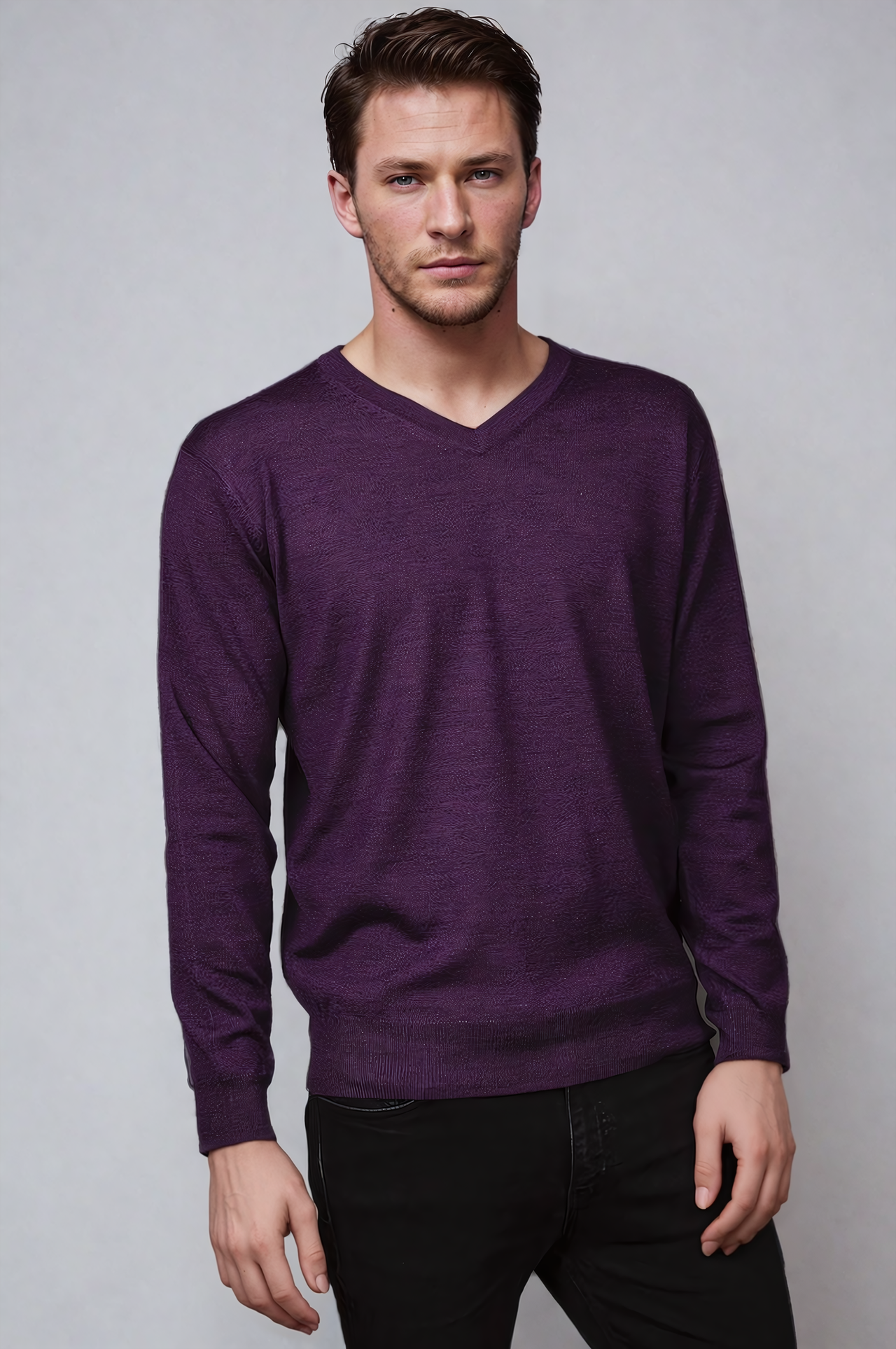 Ansett Mulberry Purple Fine Weight Merino Wool V Neck Jumper