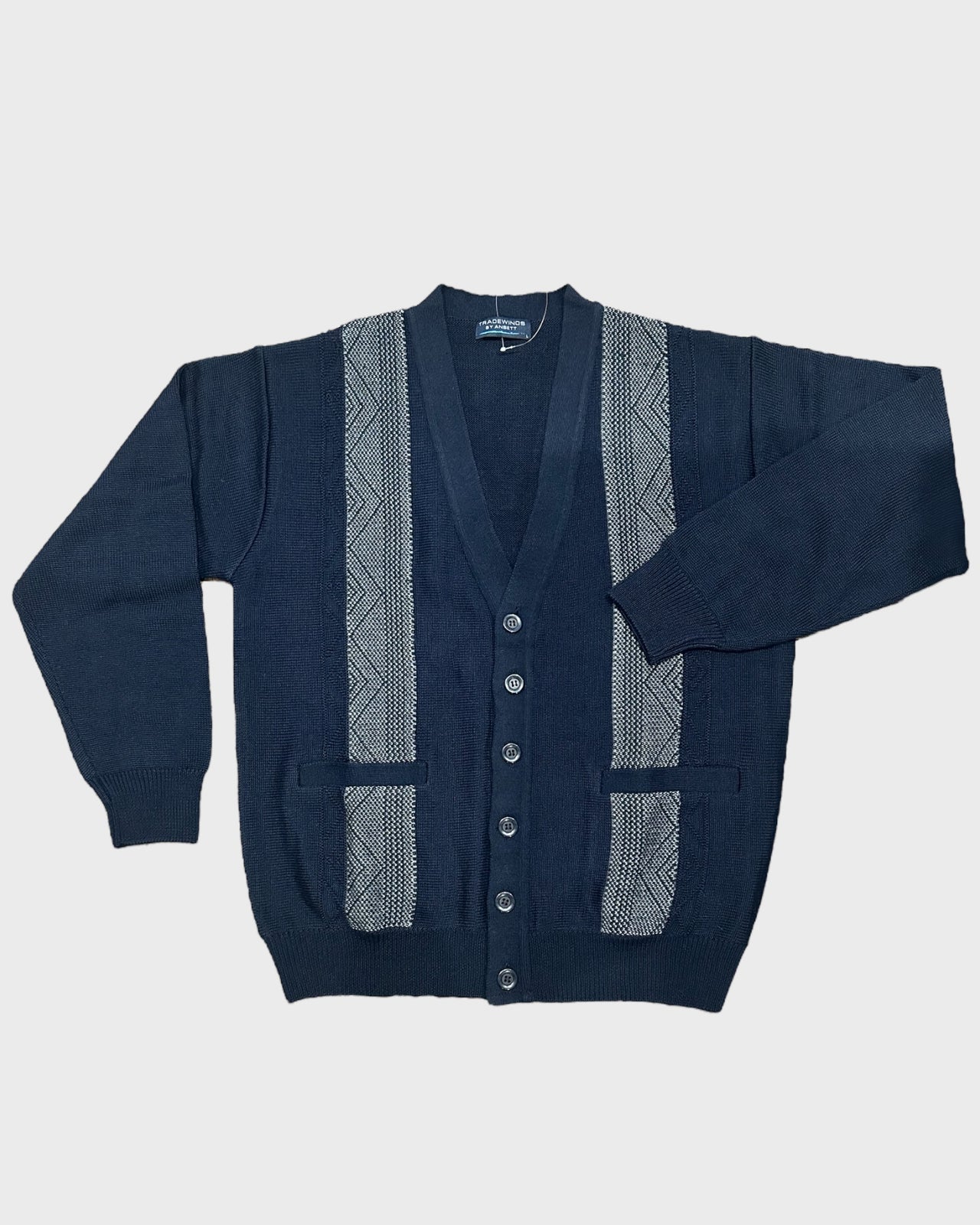 Navy Blue Pattern V Neck Cardigan - Tradewinds By Ansett