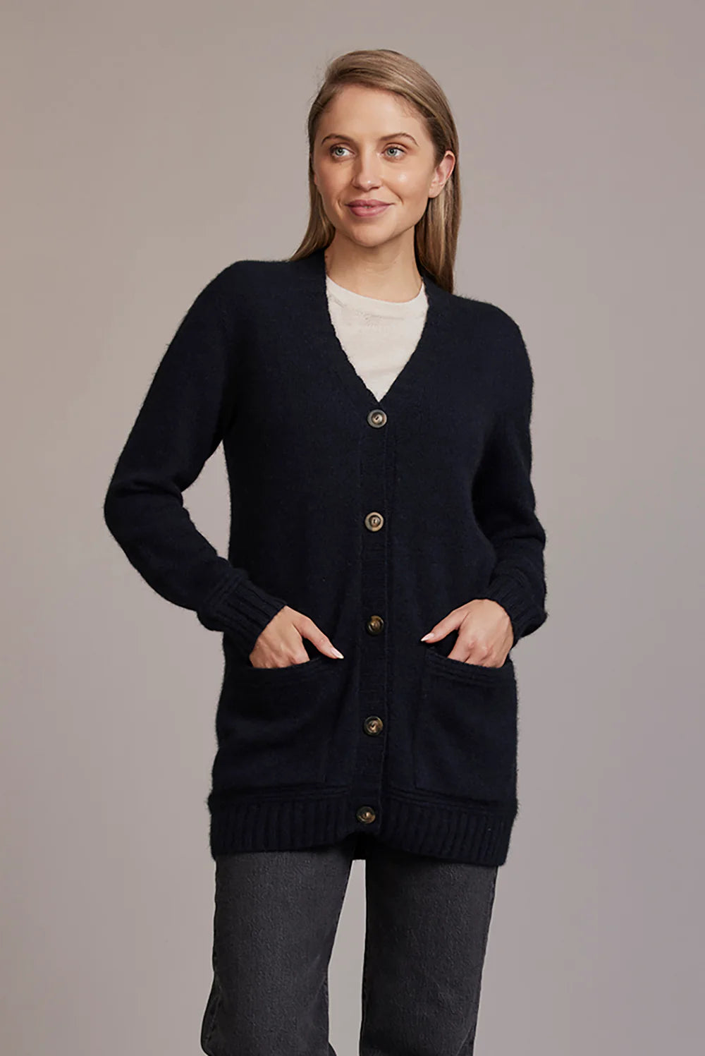 Navy Blue Possum Merino Long V Neck Cardigan