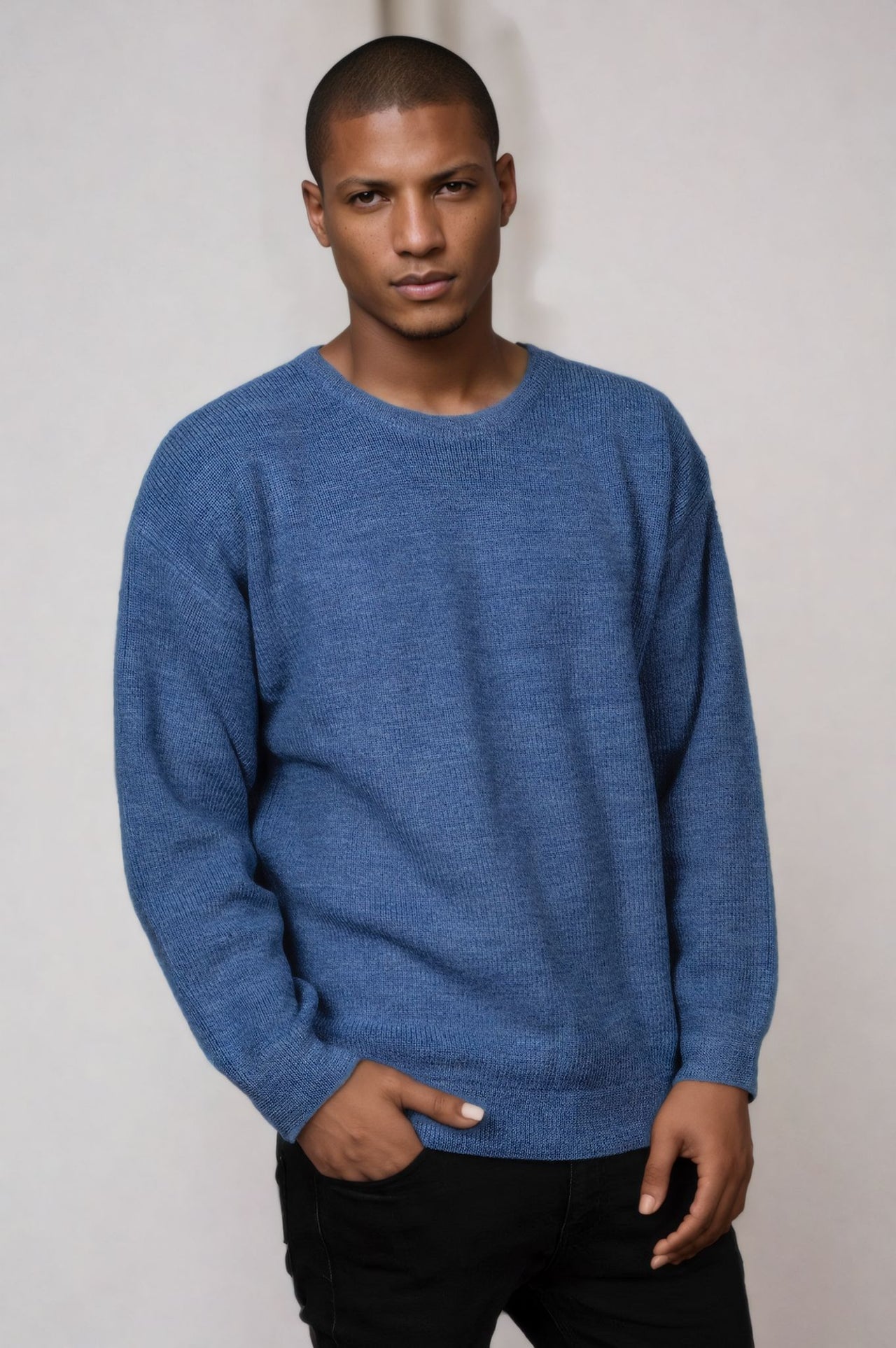 Ansett Pure Wool Denim Light Blue Fisherman Rib Knit Jumper