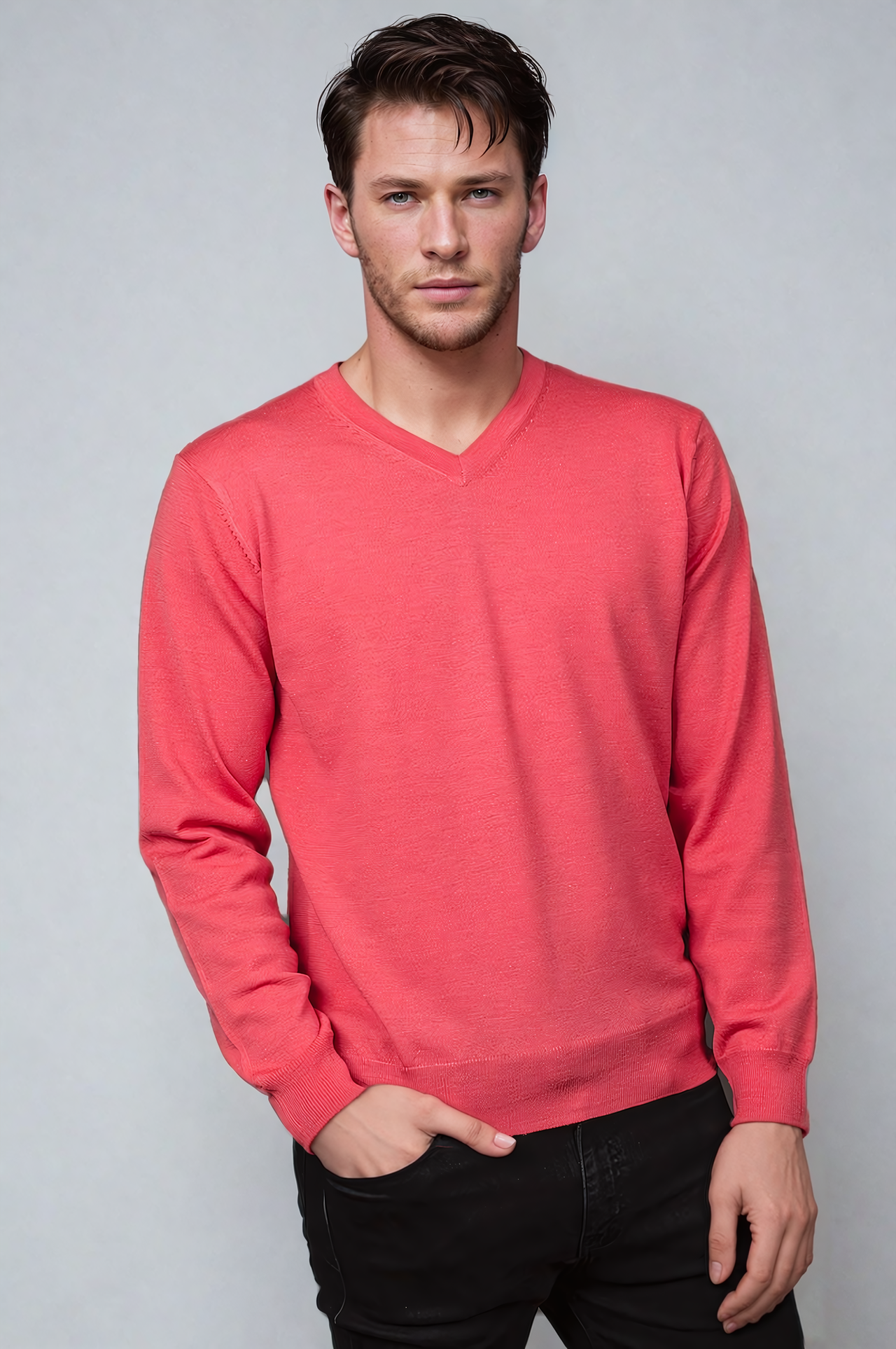 Raspberry Fine Weight Merino Wool V Neck Jumper