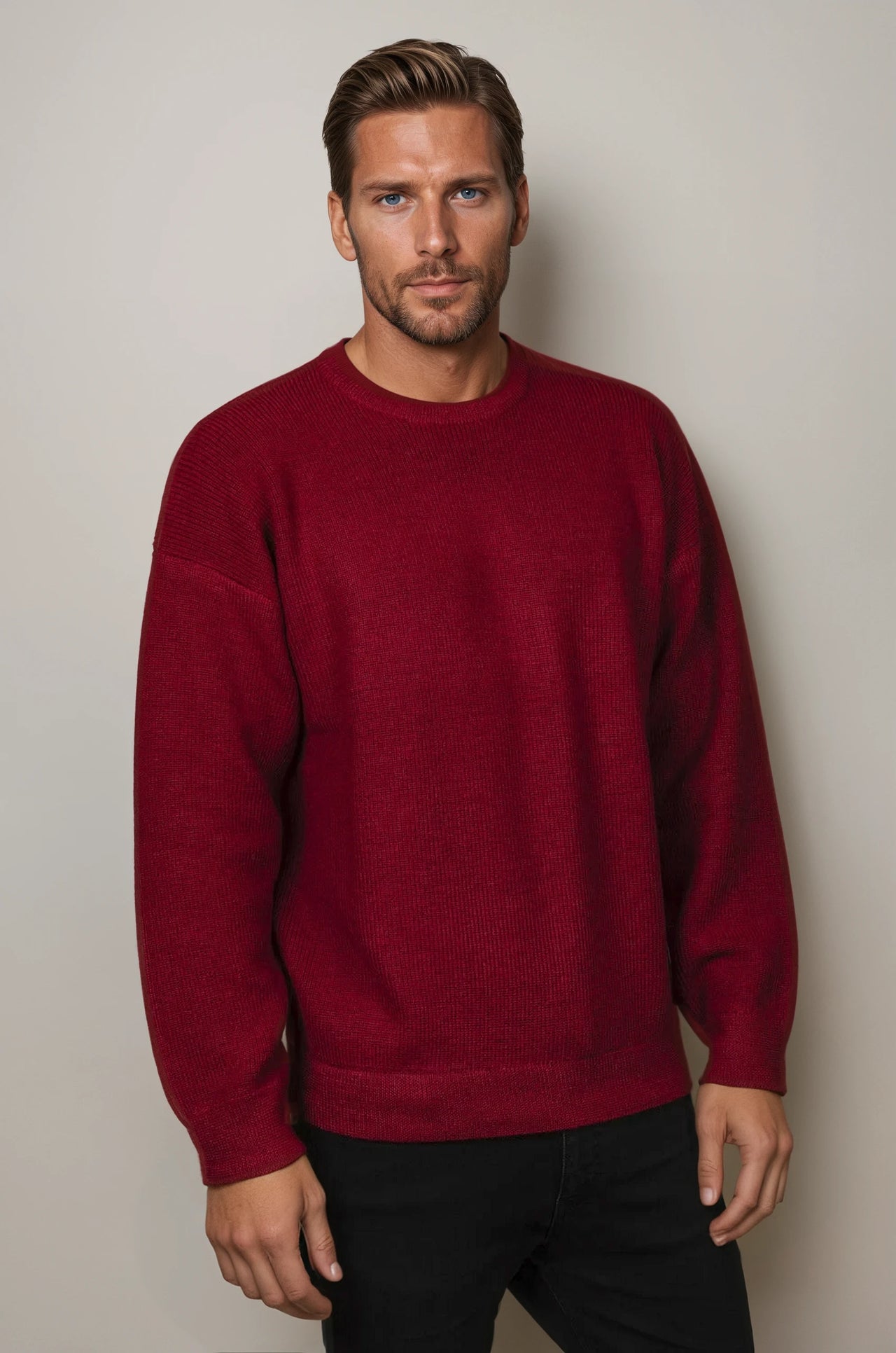 Ansett Pure Wool Wine Red Fisherman Rib Knit Jumper