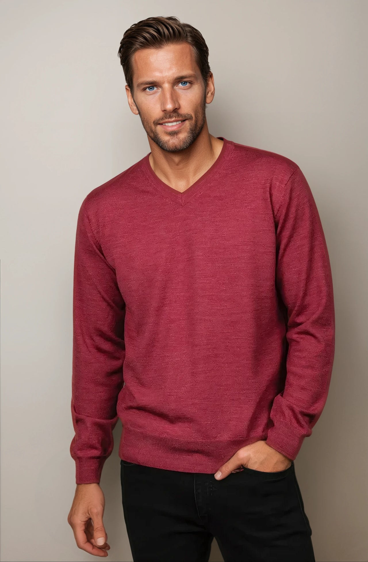 Ansett Watermelon Fine Weight Merino Wool V Neck Jumper