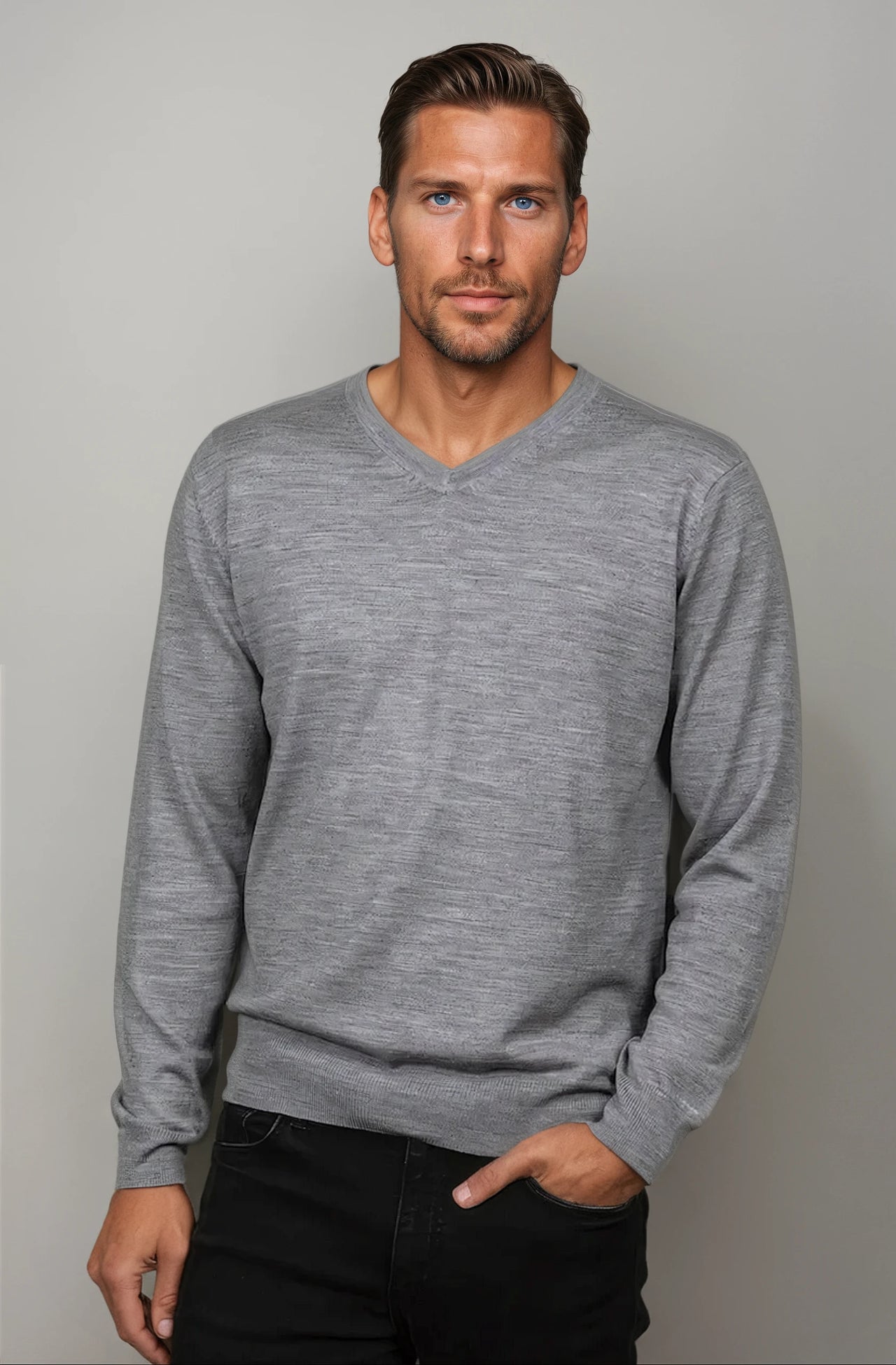 Ansett Grey Fine Weight Merino Wool V Neck Jumper