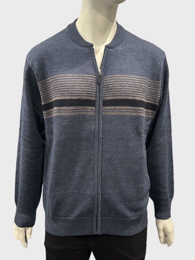 Slate Blue Striped Merino Wool Full Zip Jacket