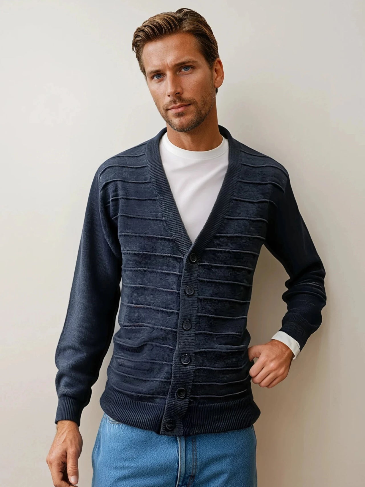 Pure Wool Ansett Patterned V Neck Cardigan 8054 Slate Blue