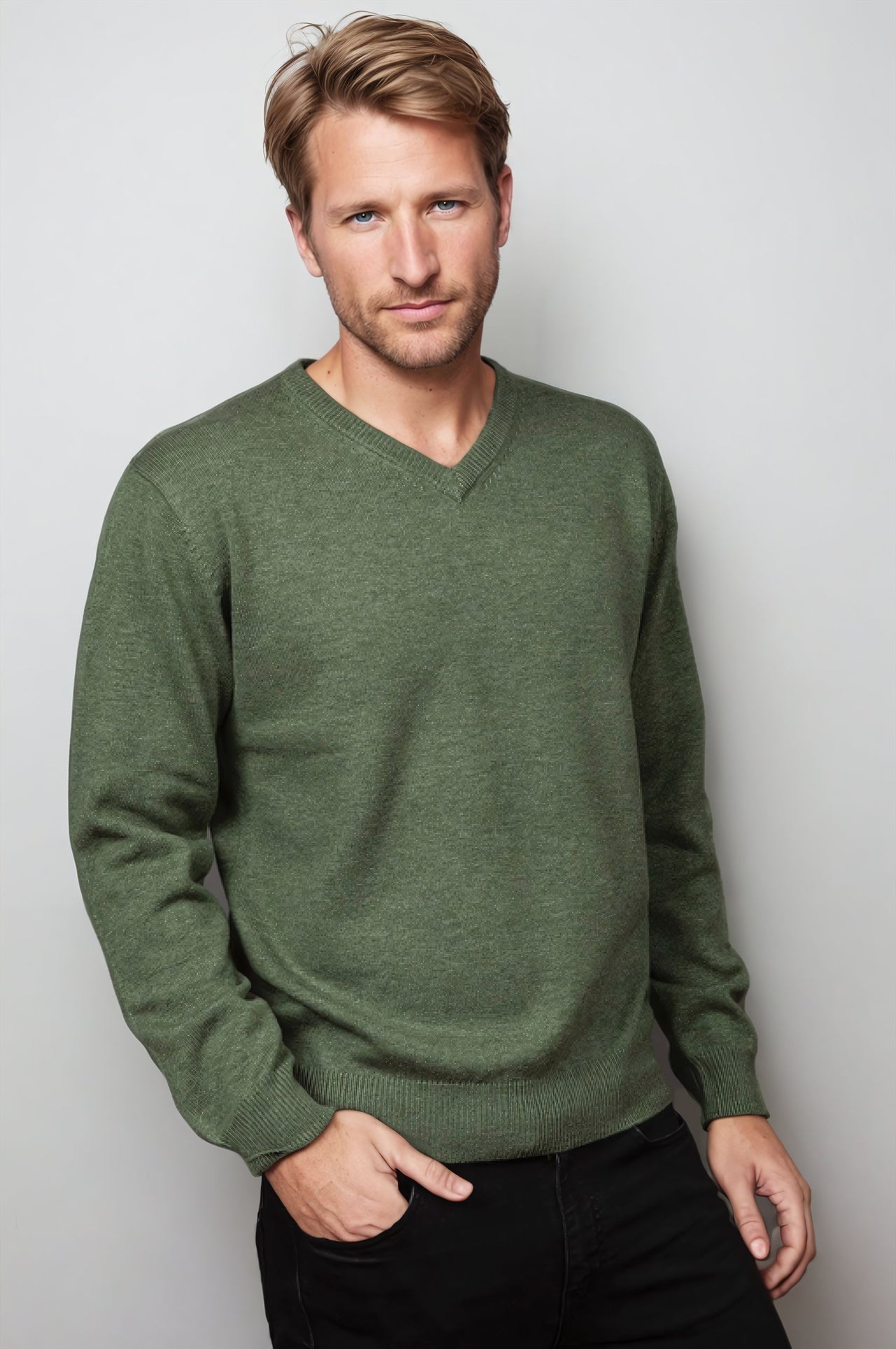 Ansett Moss Green Cashmere Merino Wool V Neck Jumper