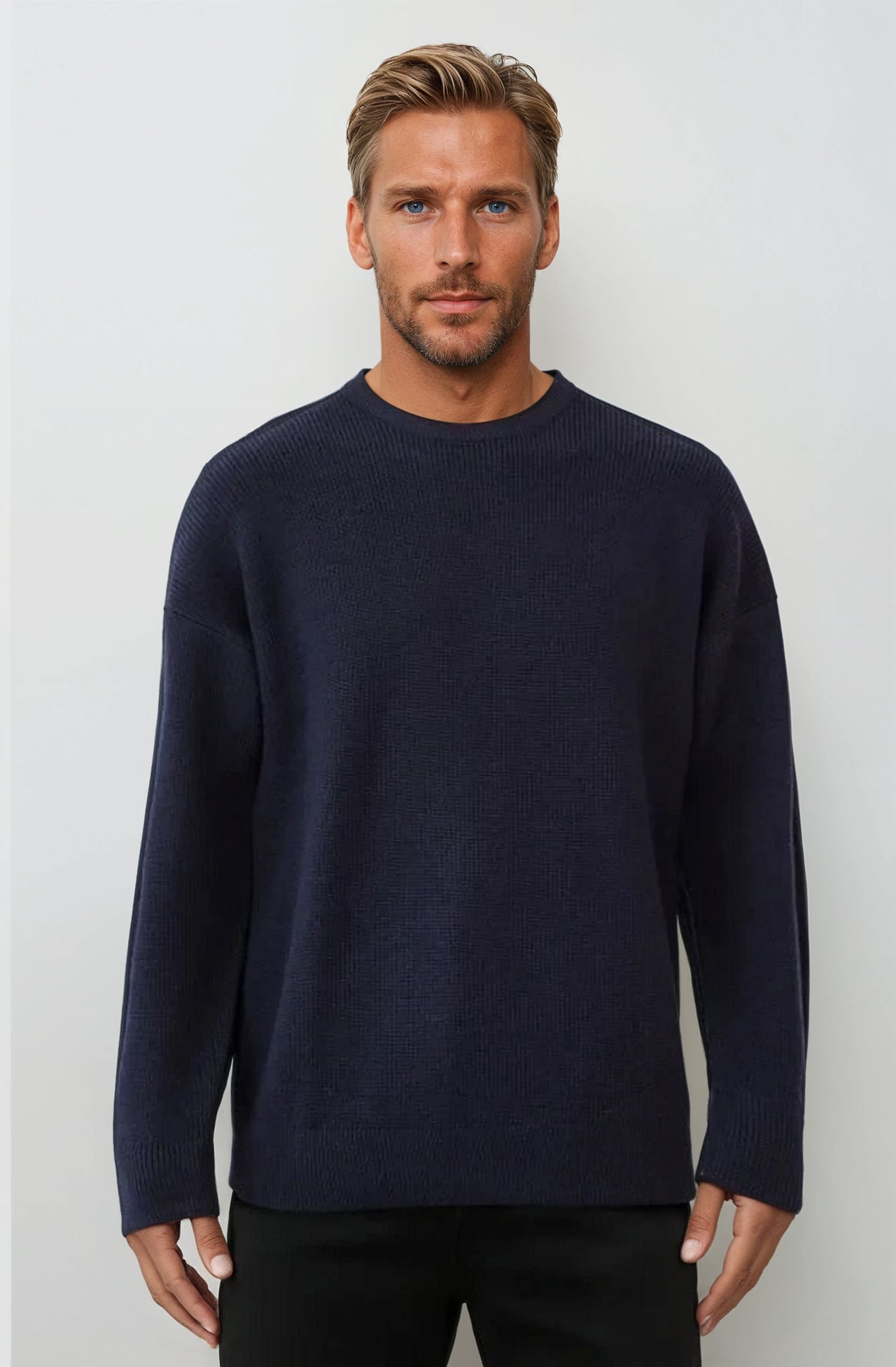 Pure Wool Navy Fisherman Rib Knit Jumper Ansett Plain Knitwear